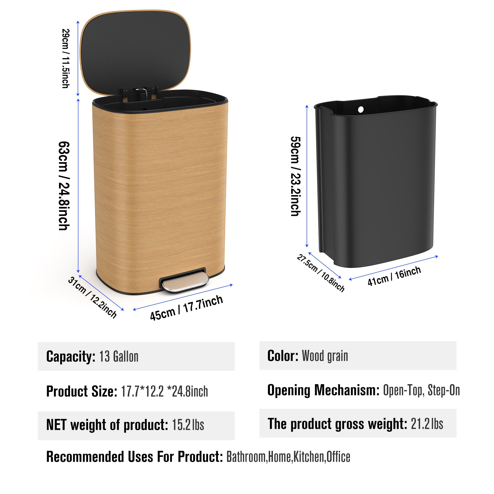 50 Liter/13.2 Gallon Step Trash Can with Inner Liner, Oval Garbage Can with Soft Close Quiet Lid, with 30 Garbage Bags for Kitchen/Home/Office and More - Stainless Steel Thickened Body （Wood）