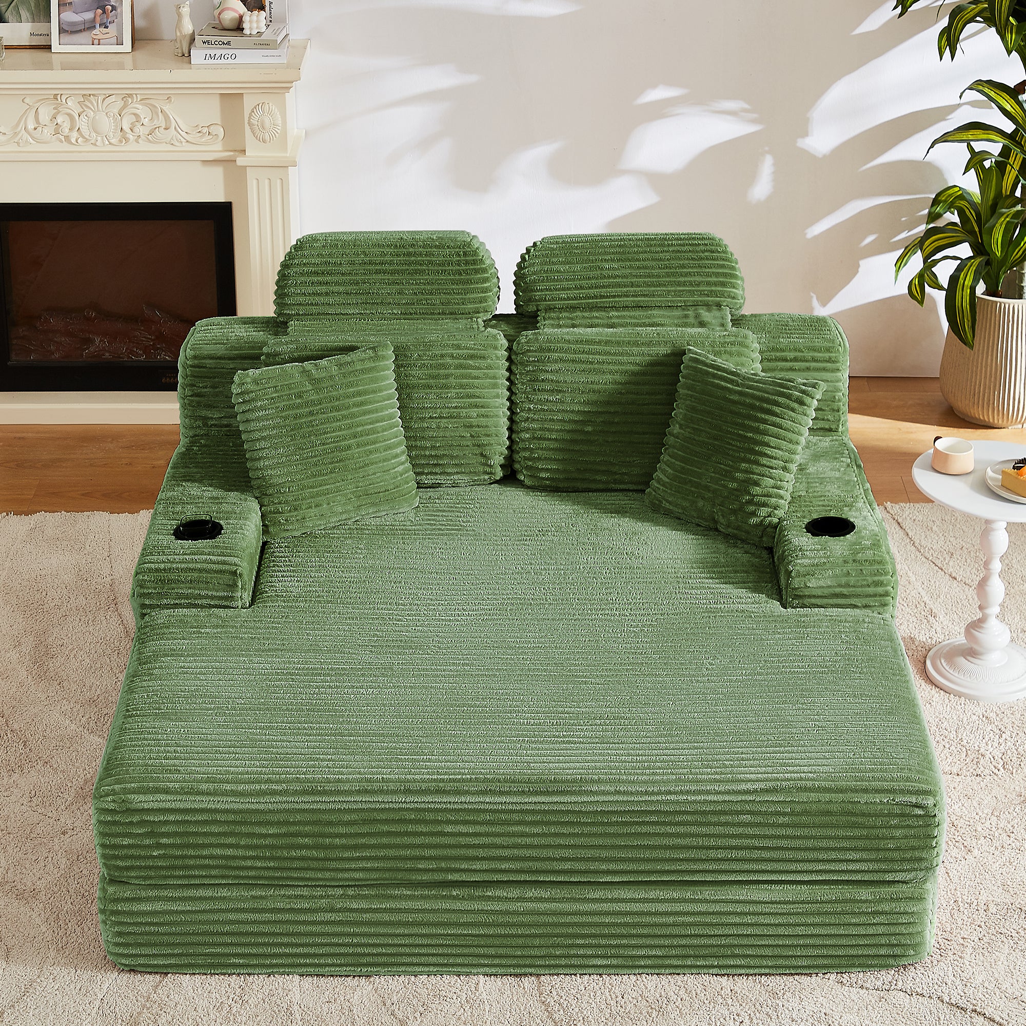 Holaki 67" Oversized Chaise Lounge Chair Indoor, Convertible Sleeper Sofa Couch with Cup Holders & Side Pockets, Corduroy Upholstered Sofa Bed with Pillows & Armrests for Living Room, Bedroom