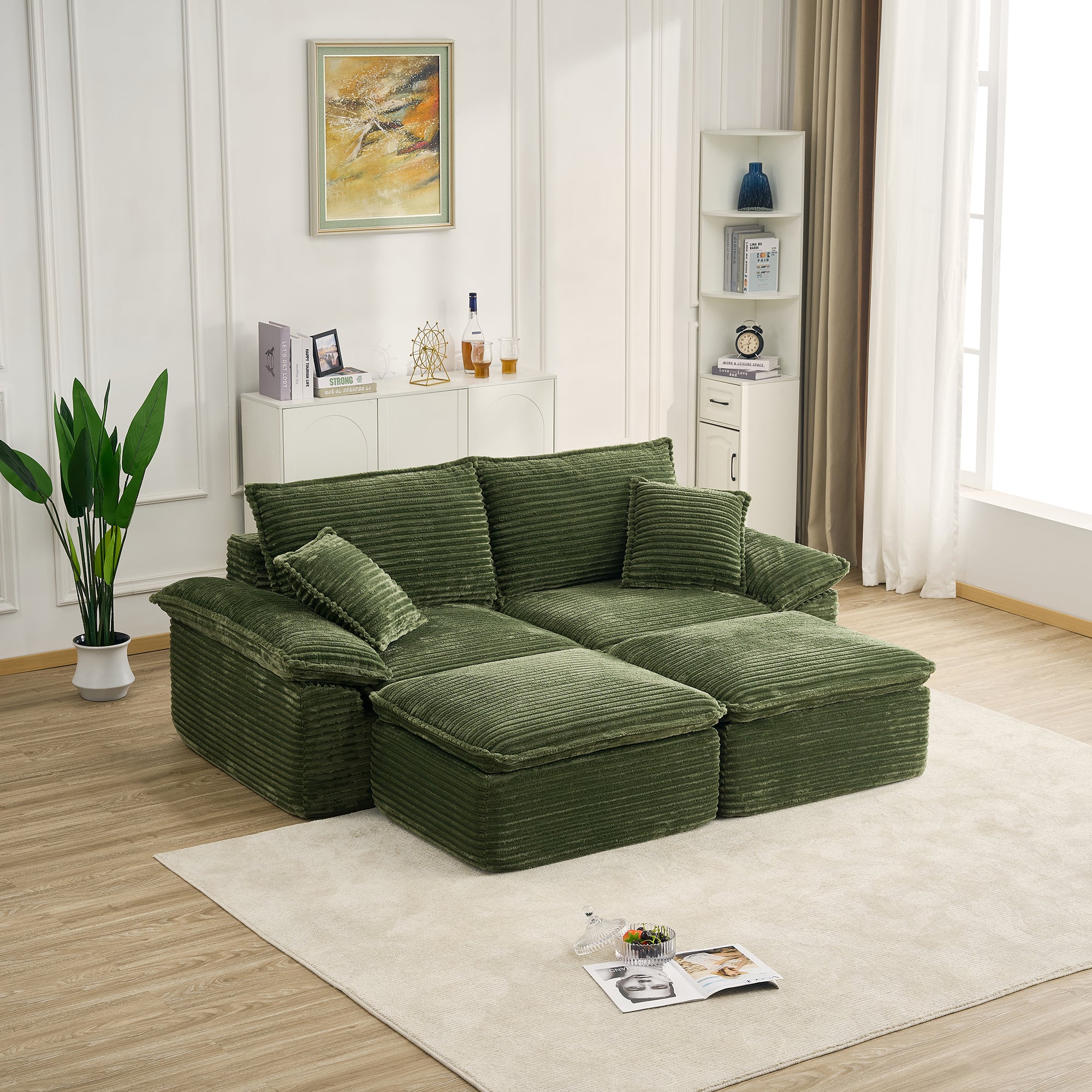 81" Oversized Chaise Lounge Chair Indoor, Holaki Fluffy Corduroy Upholstered Springs Loveseat Sofa Bed with Ottoman & Pillows, Modern Comfy Cloud Sofas Couches for Living Room, Bedroom