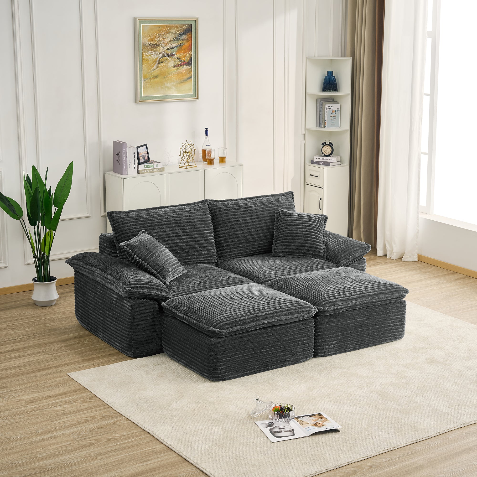 81" Oversized Chaise Lounge Chair Indoor, Holaki Fluffy Corduroy Upholstered Springs Loveseat Sofa Bed with Ottoman & Pillows, Modern Comfy Cloud Sofas Couches for Living Room, Bedroom