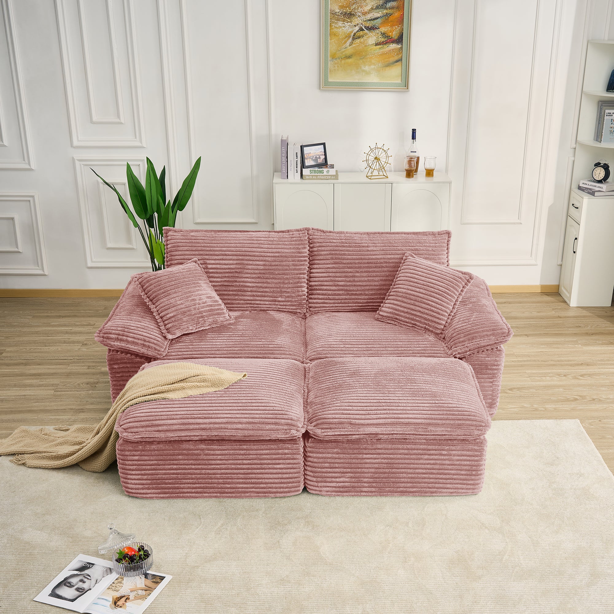 81" Oversized Chaise Lounge Chair Indoor, Holaki Fluffy Corduroy Upholstered Springs Loveseat Sofa Bed with Ottoman & Pillows, Modern Comfy Cloud Sofas Couches for Living Room, Bedroom