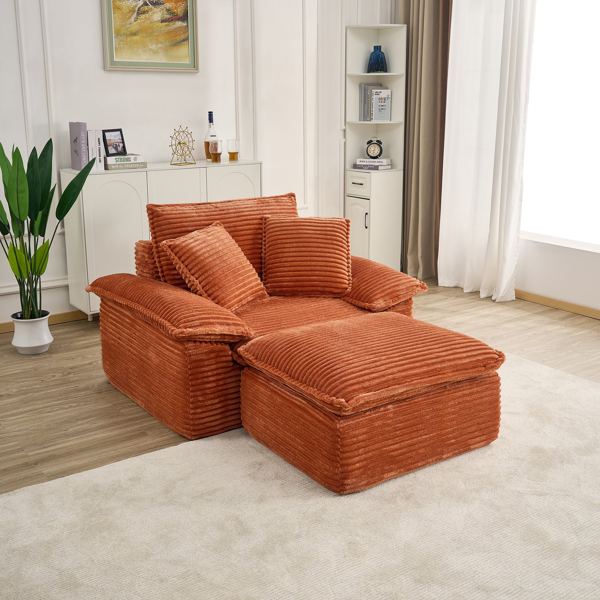 47" Oversized Chaise Lounge Chair Indoor, Holaki Fluffy Corduroy Upholstered Springs Sofa Bed with Ottoman & Pillows, Modern Comfy Cloud Sofas Couches for Living Room, Bedroom