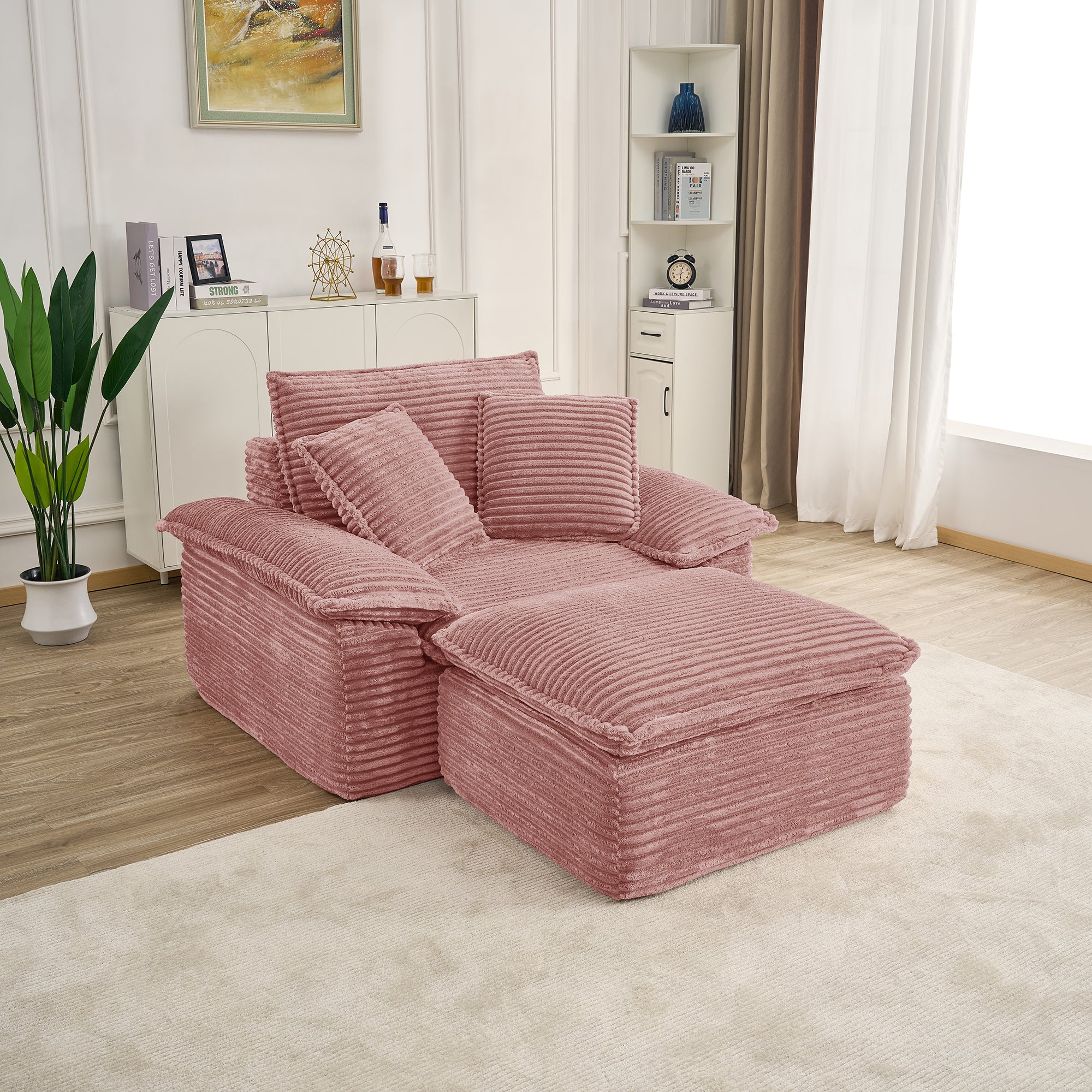 47" Oversized Chaise Lounge Chair Indoor, Holaki Fluffy Corduroy Upholstered Springs Sofa Bed with Ottoman & Pillows, Modern Comfy Cloud Sofas Couches for Living Room, Bedroom