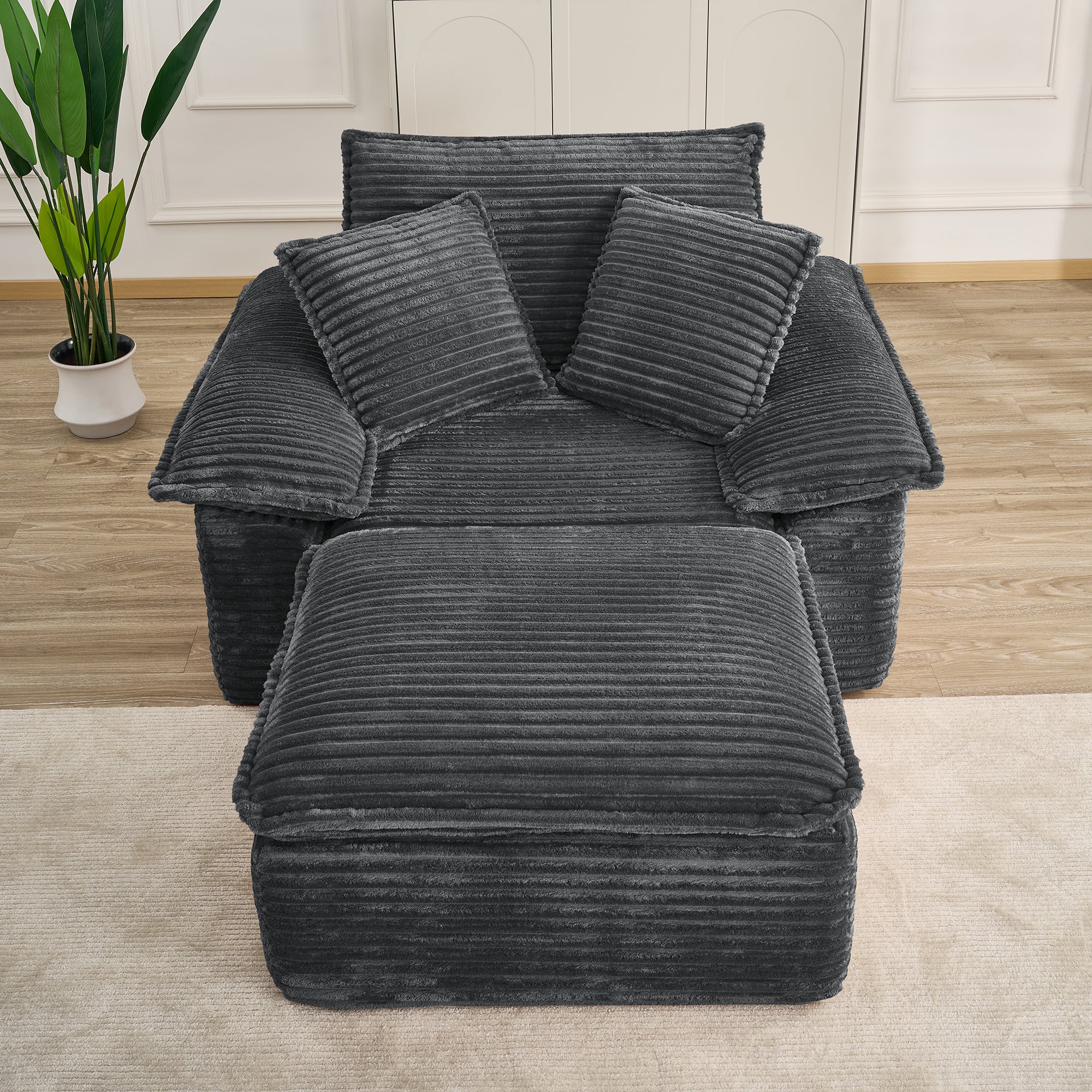 47" Oversized Chaise Lounge Chair Indoor, Holaki Fluffy Corduroy Upholstered Springs Sofa Bed with Ottoman & Pillows, Modern Comfy Cloud Sofas Couches for Living Room, Bedroom