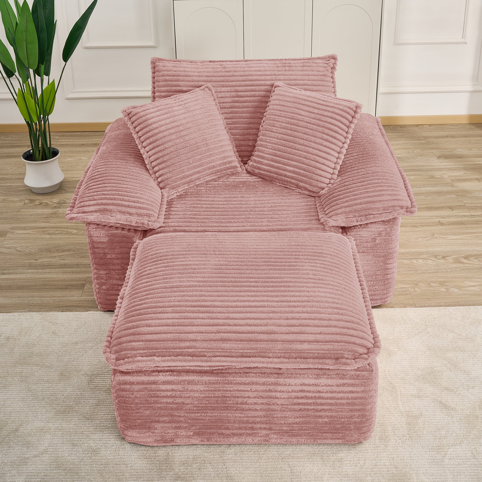 47" Oversized Chaise Lounge Chair Indoor, Holaki Fluffy Corduroy Upholstered Springs Sofa Bed with Ottoman & Pillows, Modern Comfy Cloud Sofas Couches for Living Room, Bedroom