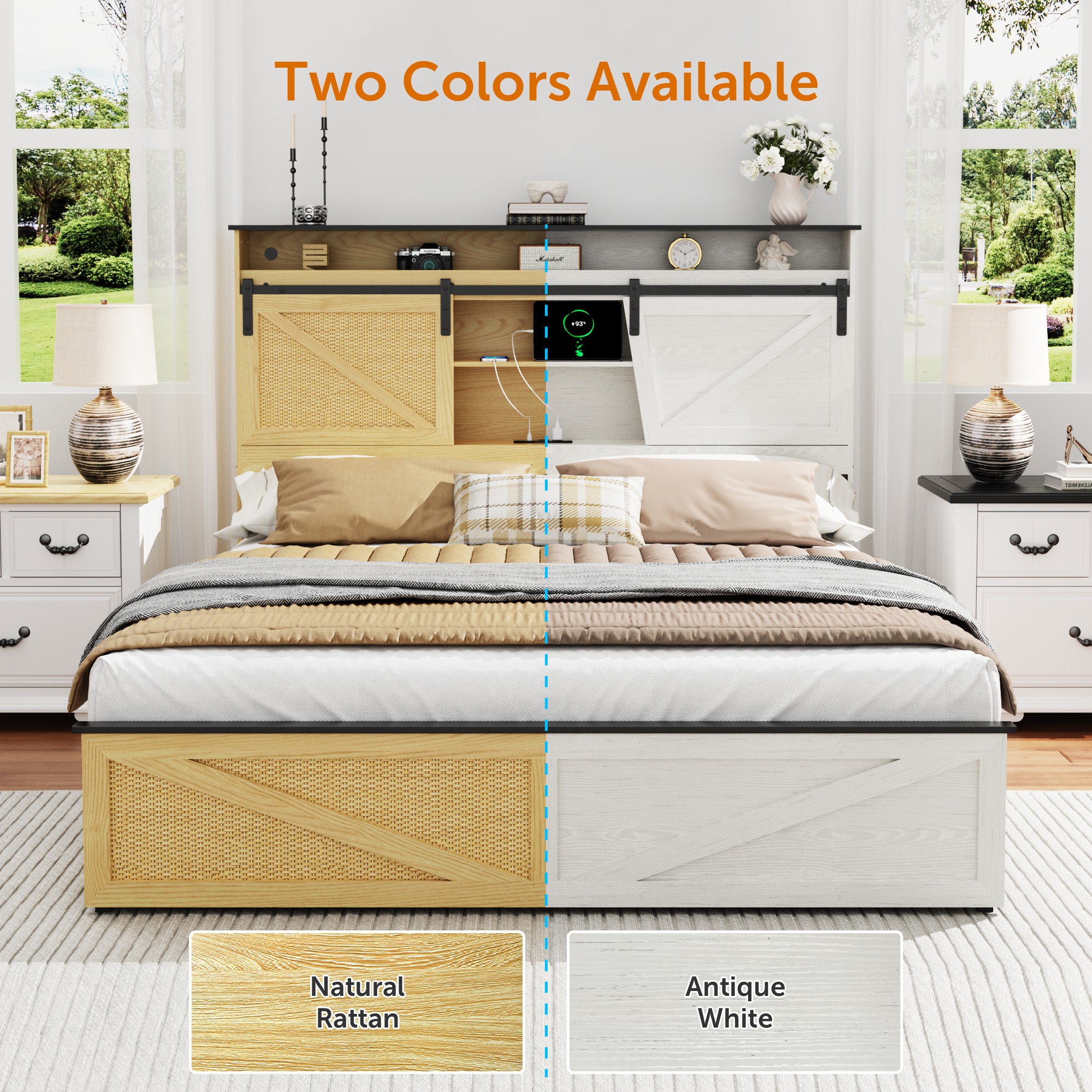 Holaki Farmhouse Queen Size Bed Frame with Storage Headboard, 2 Drawers, Charging Station & RGB LED Lights, Wood Platform Bed with Shelves & Hidden Storage, No Box Spring Required, Dark Brown