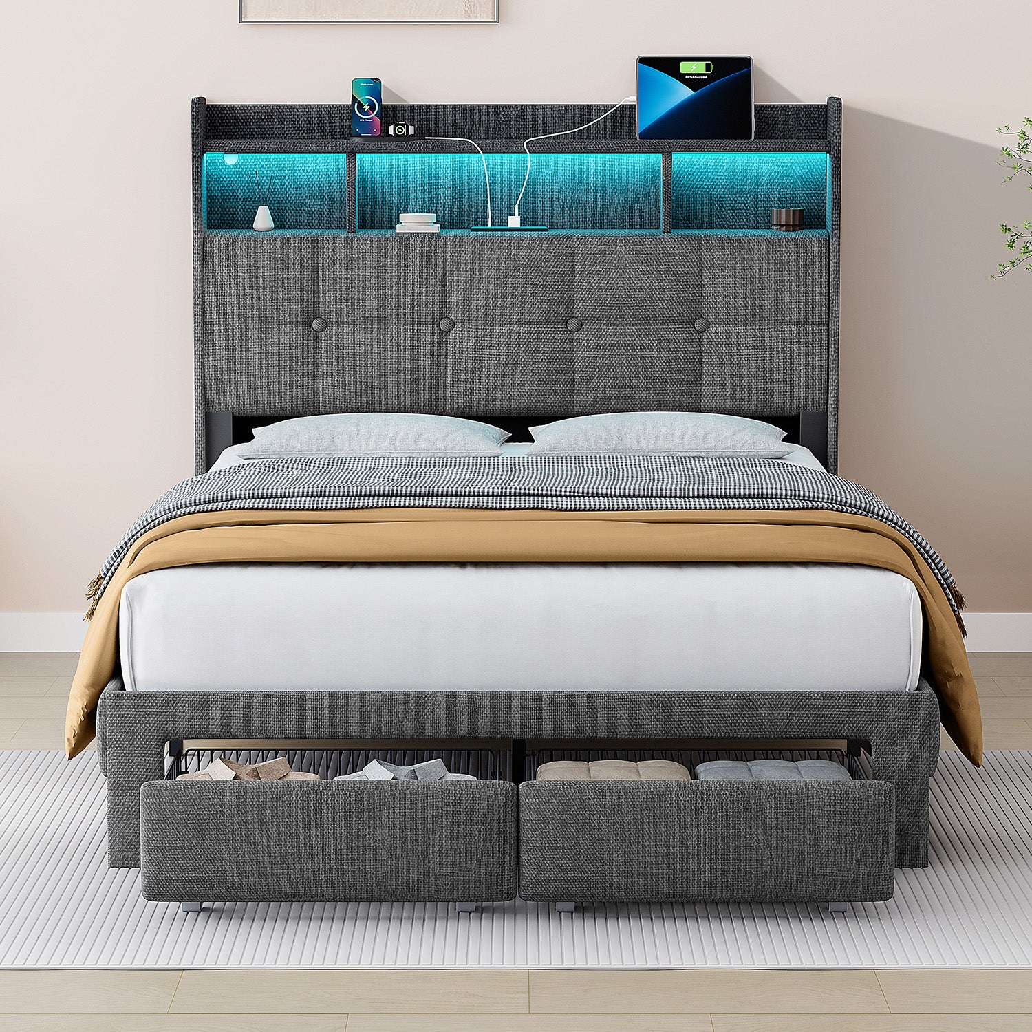 Full Bed Frame with Upholstered Headboard, Holaki Heavy Duty Metal Platform Bed Frame Full Size with 2 Storage Drawers, Charging Station & LED Lights, No Box Spring Needed, Noise Free, Dark Gray