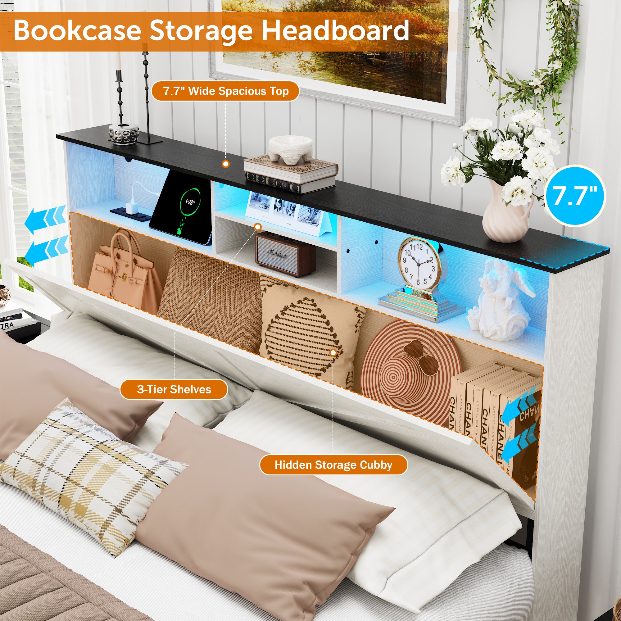 Queen Size Bed Frame, Holaki Farmhouse Queen Bed Frame with Storage Headboard, Charging Station & LED Lights, 2 Storage Drawers, No Box Spring Needed, Noise Free, Easy Assembly, White
