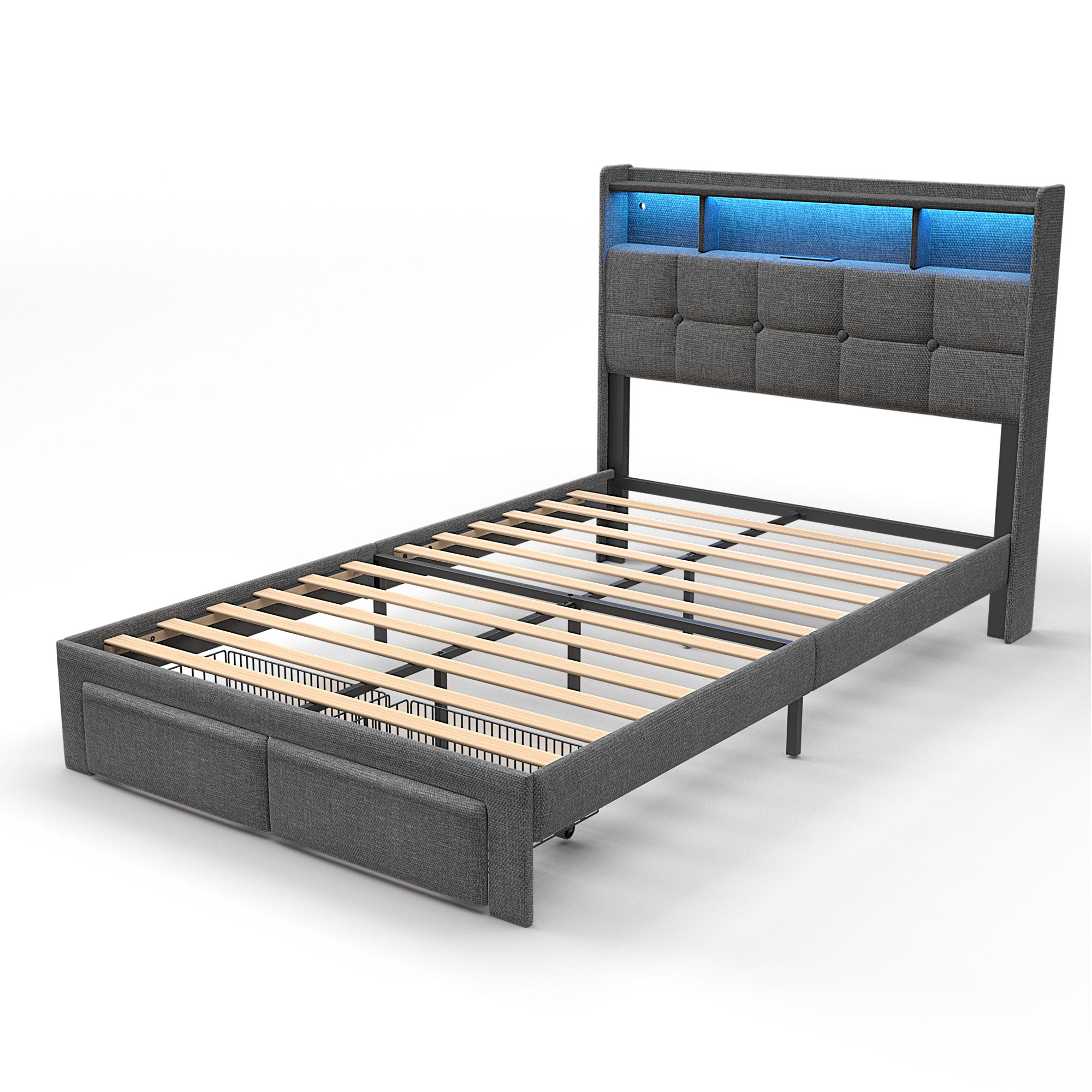Full Bed Frame with Upholstered Headboard, Holaki Heavy Duty Metal Platform Bed Frame Full Size with 2 Storage Drawers, Charging Station & LED Lights, No Box Spring Needed, Noise Free, Dark Gray