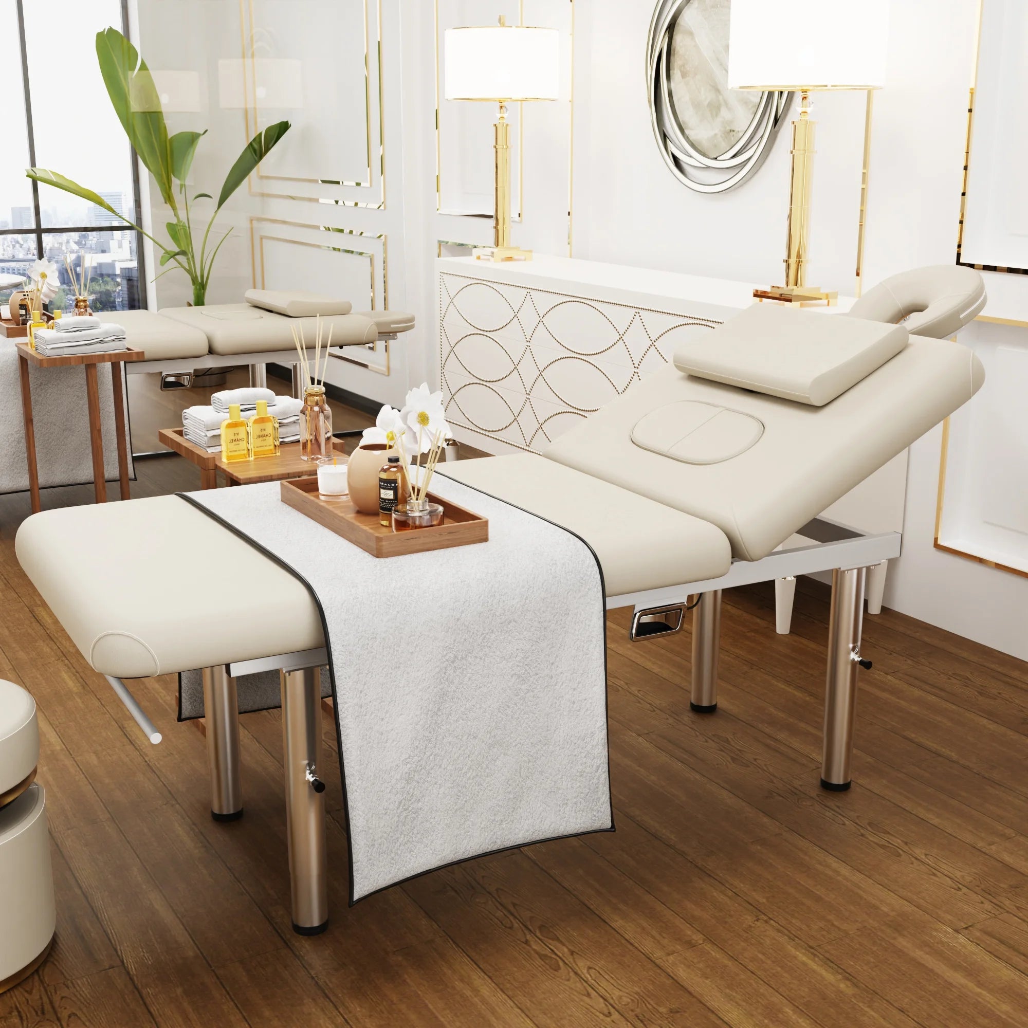 31.5 Wide Stationary Massage Table with Face Pillow and Stainless Steel Adjustable Legs, Adjustable Backrest for Treatment, Physical Therapy, Spa Facial Professional Heavy Duty Massage Bed - Black,White