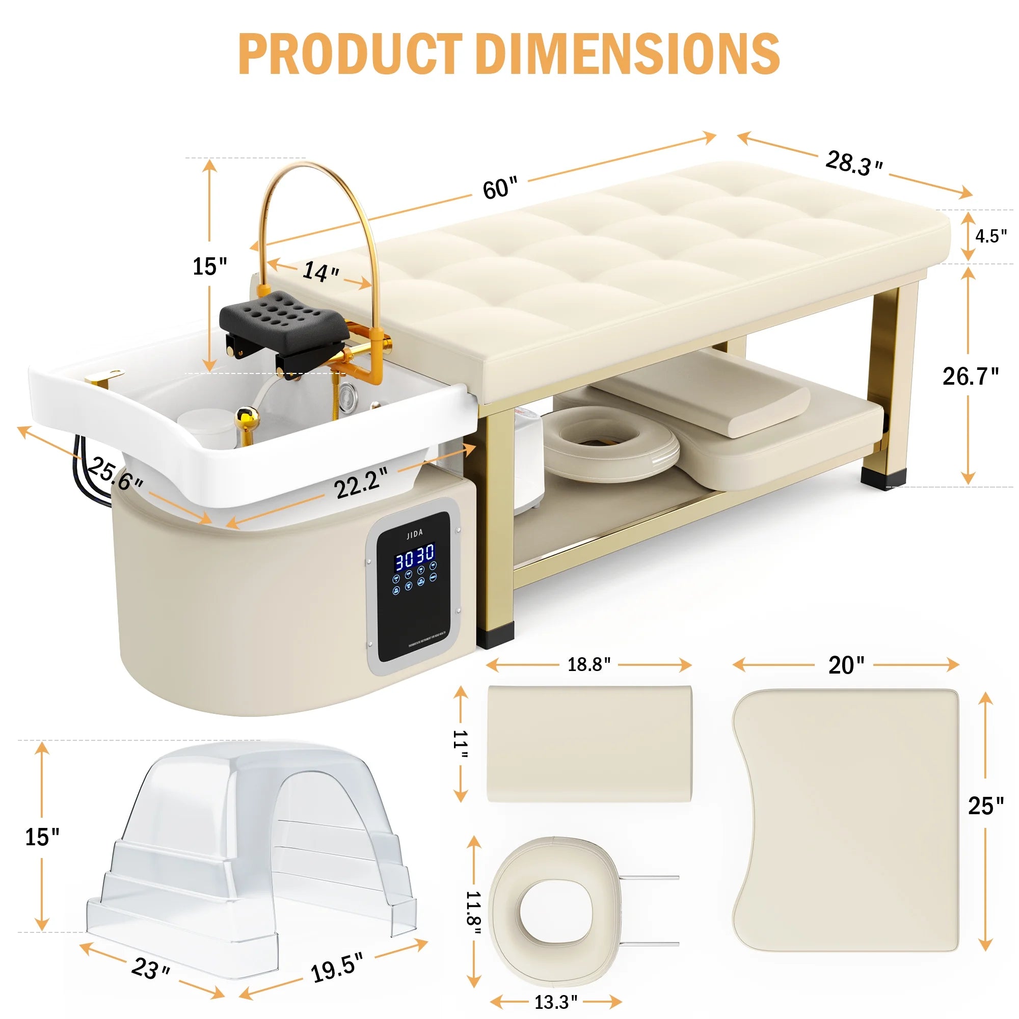 Stationary Head Spa Massage Table with Water Cycle & Fumigation Salon Equipment for Beauty Head Spa Physical Therapy Massage, Stainless Steel Gold Color-Plated Frame, Beige PU Leather