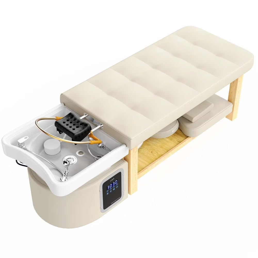 Stationary Head Spa Massage Table with Water Cycle & Fumigation Salon Equipment for Beauty Head Spa Physical Therapy Massage, Stainless Steel Gold Color-Plated Frame, Beige PU Leather