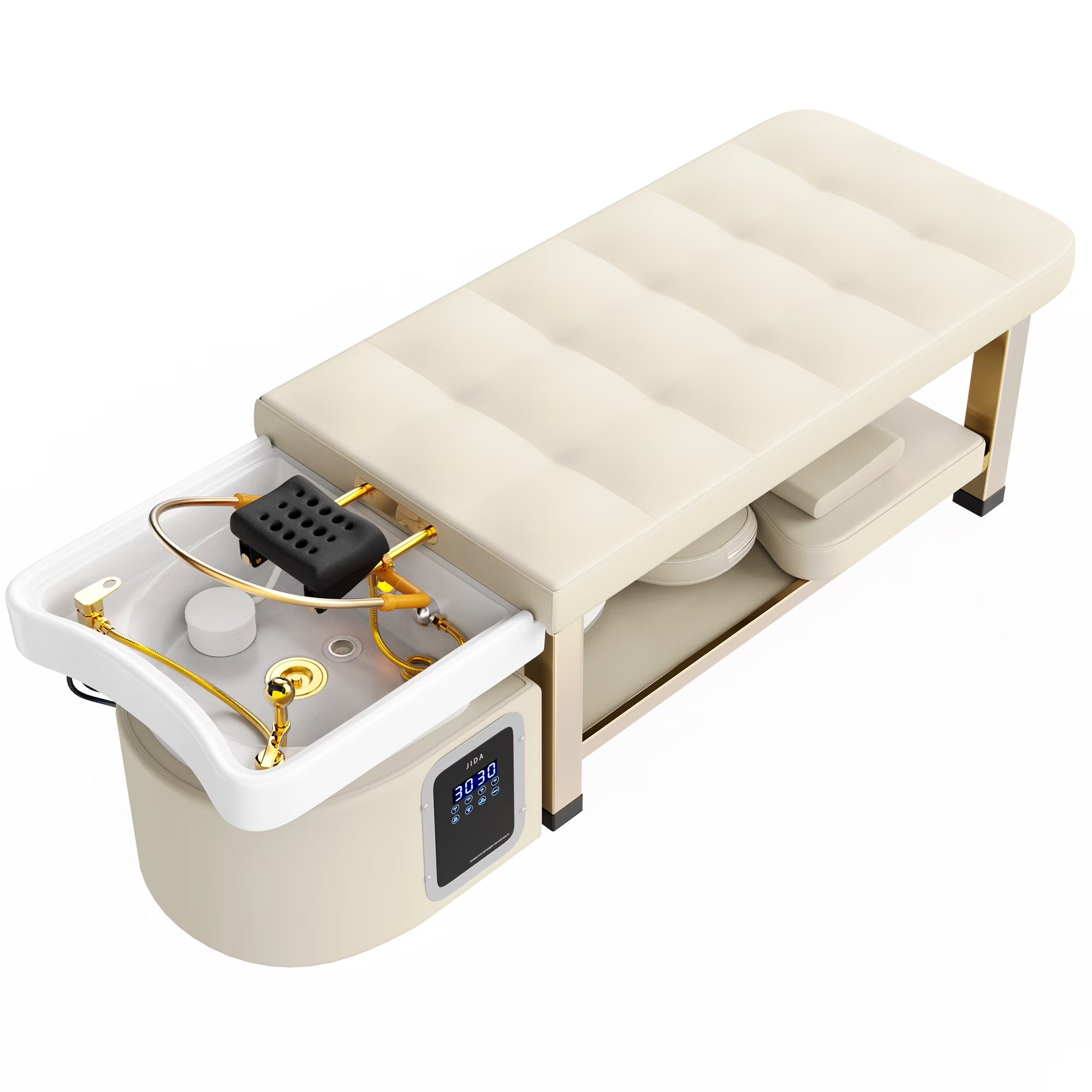 Stationary Head Spa Massage Table with Water Cycle & Fumigation Salon Equipment for Beauty Head Spa Physical Therapy Massage, Stainless Steel Gold Color-Plated Frame, Beige PU Leather