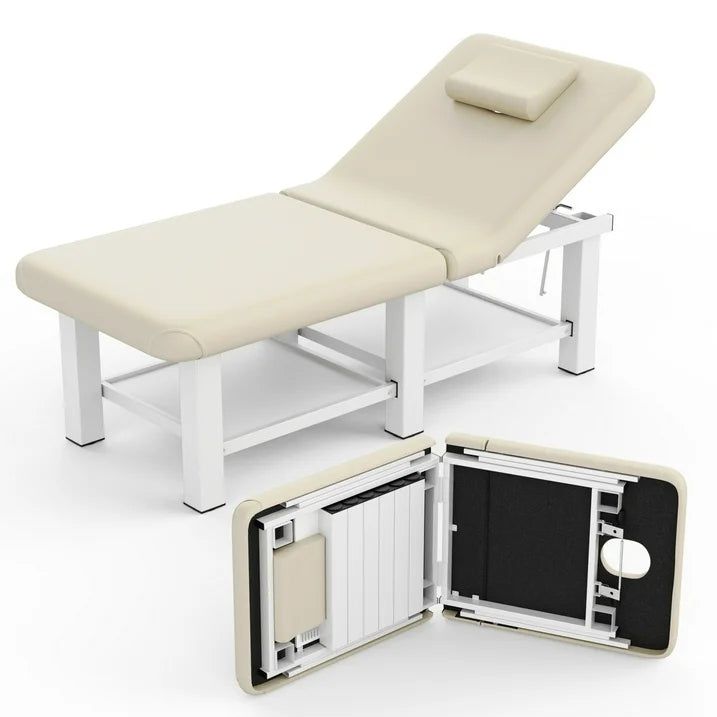 Stationary Massage Table Folding Bed with Backrest for Treatment Table Physical Therapy Table Spa Facial Bed, Metal Frame PU Leather, 30.5'' Wide × 75'' Long