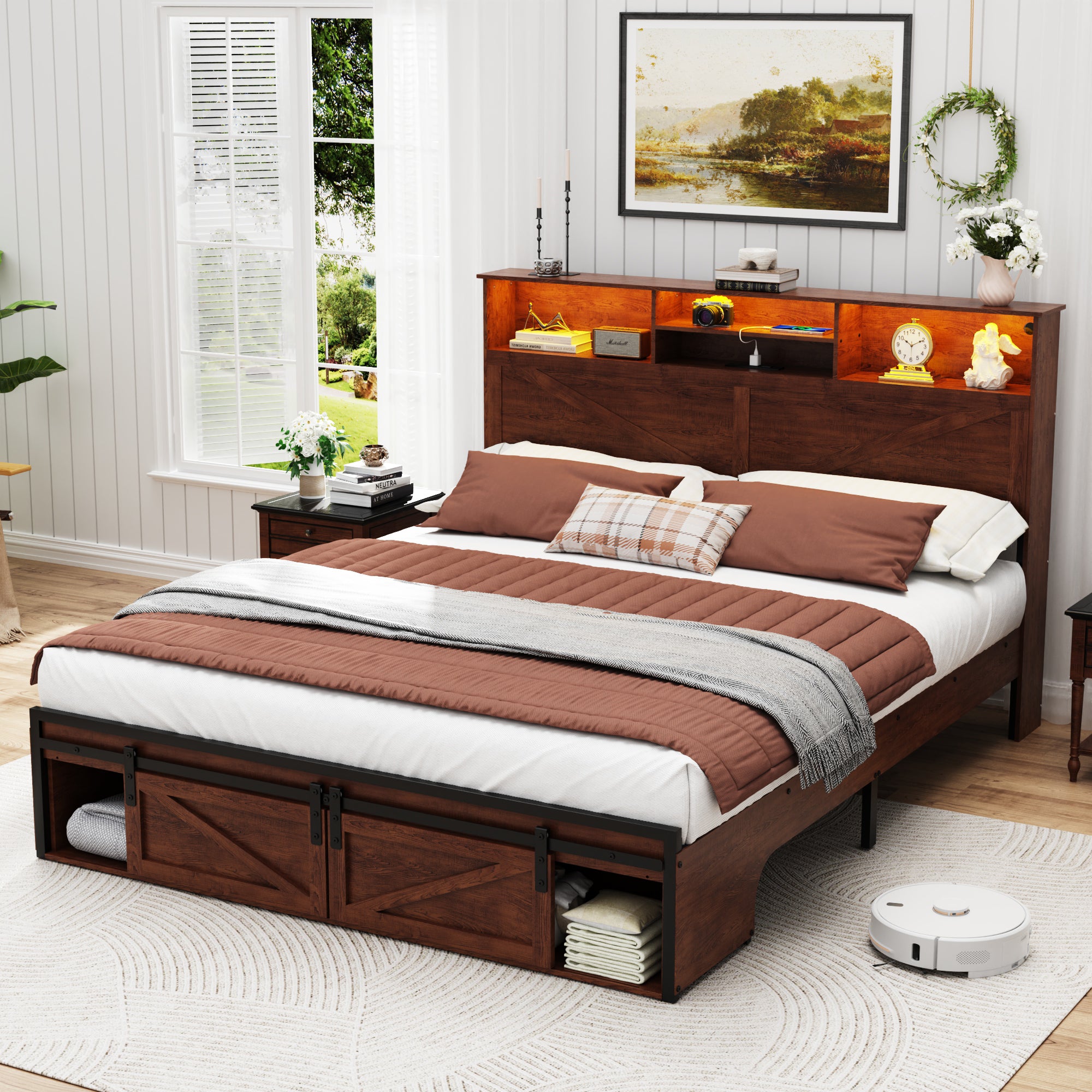 Holaki Farmhouse Queen Size Bed Frame with Storage Headboard, 2 Drawers, Charging Station & RGB LED Lights, Wood Platform Bed with Shelves & Hidden Storage, No Box Spring Required, Dark Brown