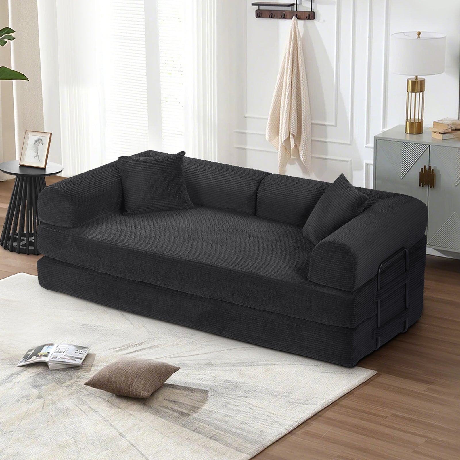 78" Convertible Sleeper Sofa Bed, Compression Folding Sofa with Pillow & 3 Seat, Corduroy Folding Sofa Couch with Fixed-Shape Frame, Floor Sofas Lounge Couch for Living Room Bedroom