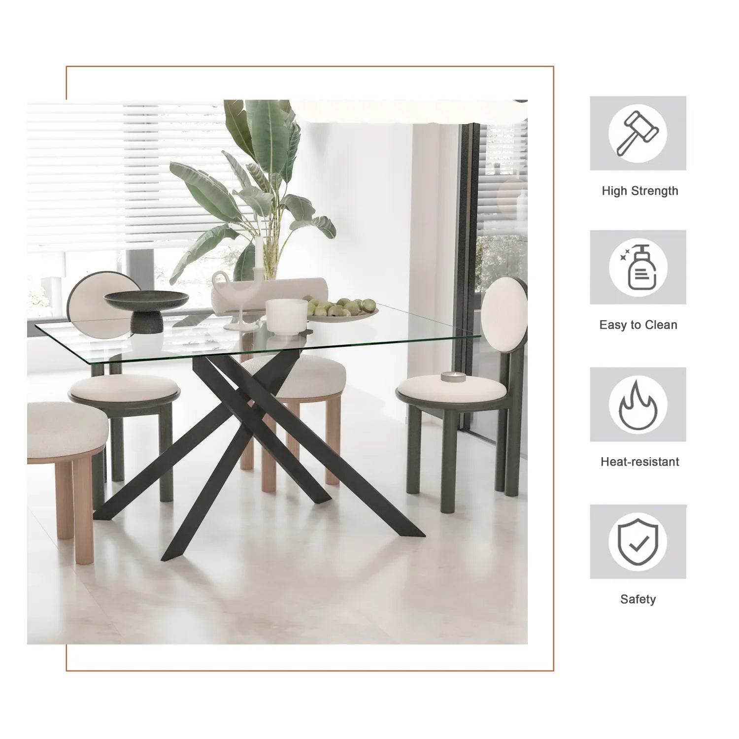 51.18" Rectangular Glass Dining Table, Holaki Modern Tempered Glass Kitchen Table with Sturdy Metal Legs, Dinning Room Table for Home Dinner, Black,Gold,Silver