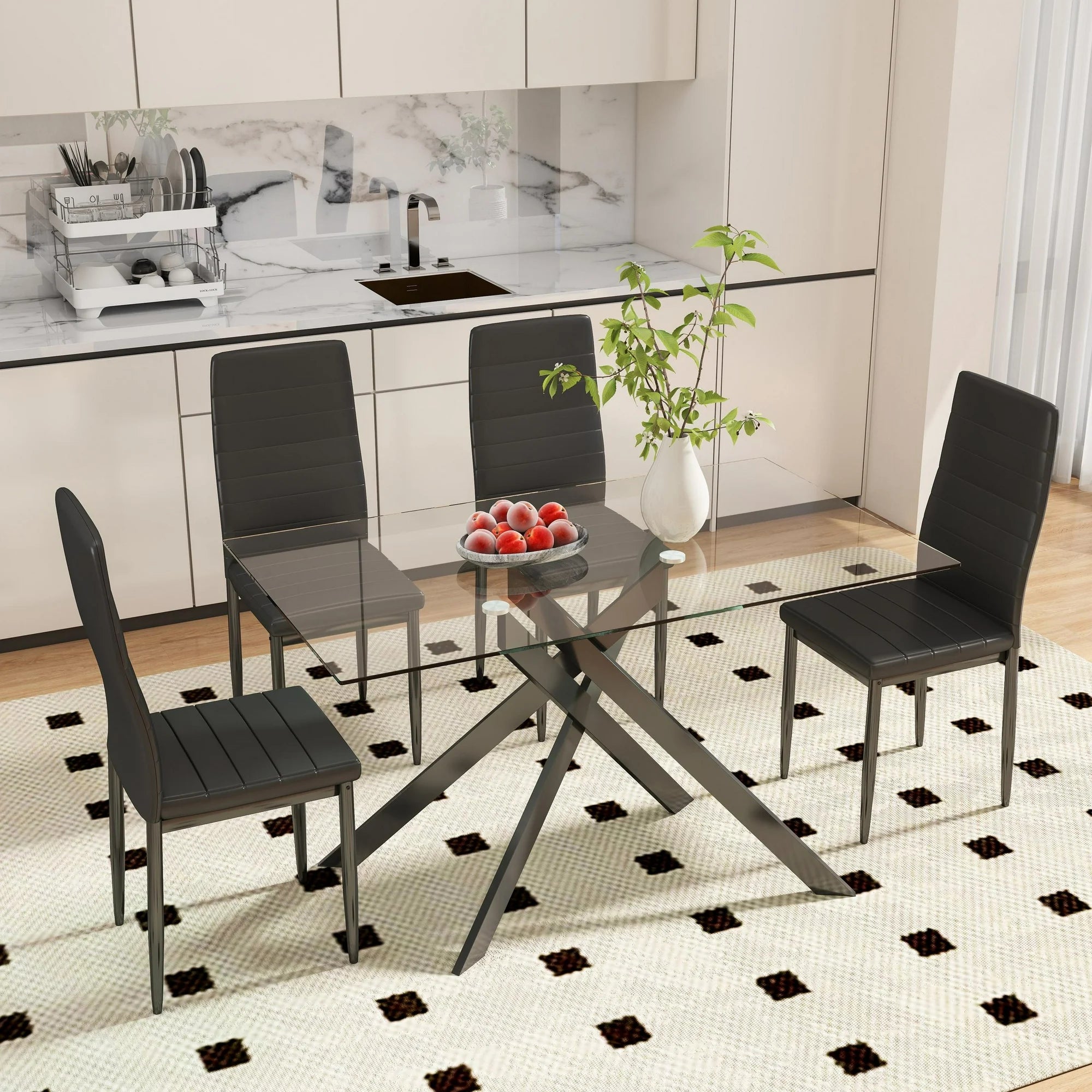 51.18" Rectangular Glass Dining Table, Holaki Modern Tempered Glass Kitchen Table with Sturdy Metal Legs, Dinning Room Table for Home Dinner, Black,Gold,Silver
