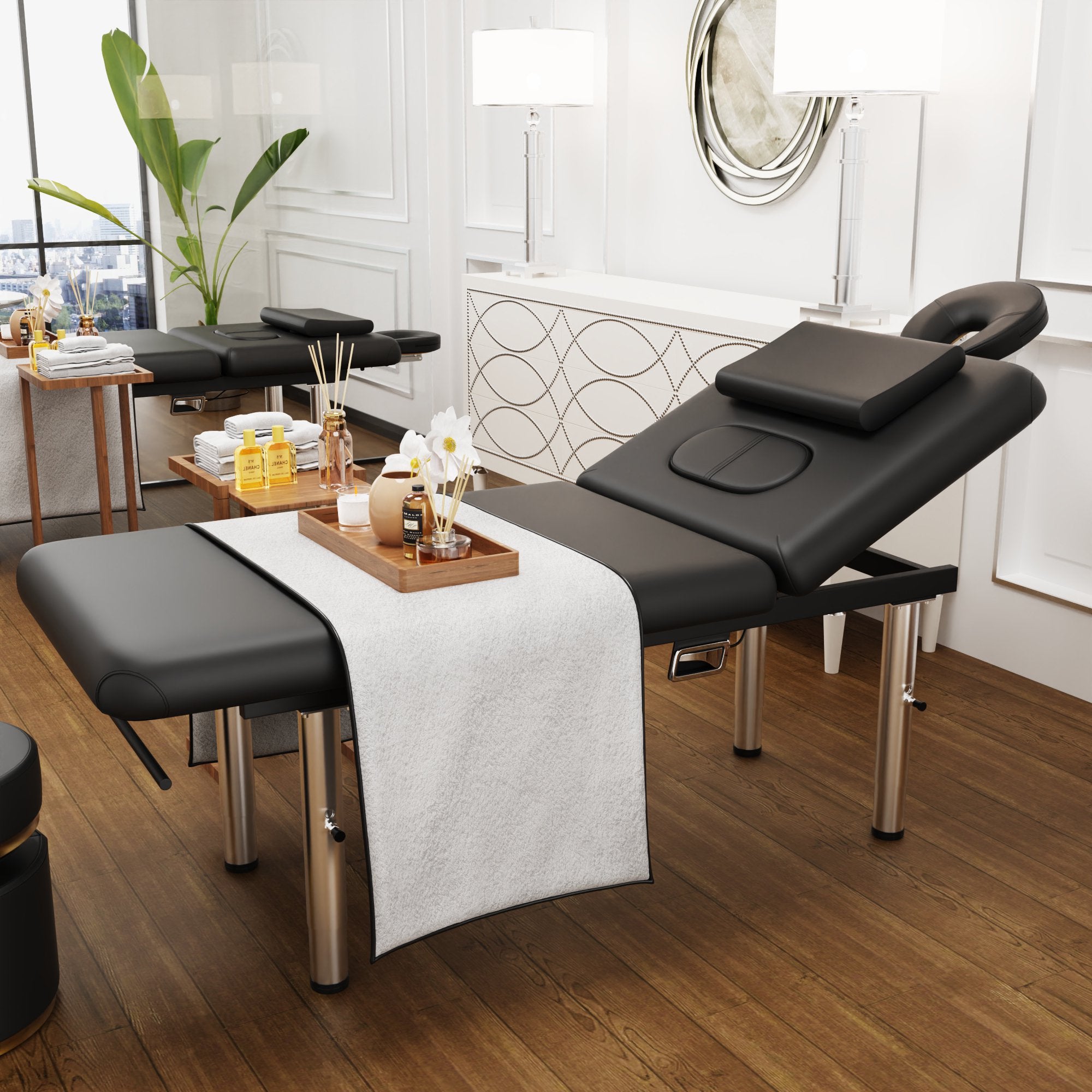31.5 Wide Stationary Massage Table with Face Pillow and Stainless Steel Adjustable Legs, Adjustable Backrest for Treatment, Physical Therapy, Spa Facial Professional Heavy Duty Massage Bed - Black,White