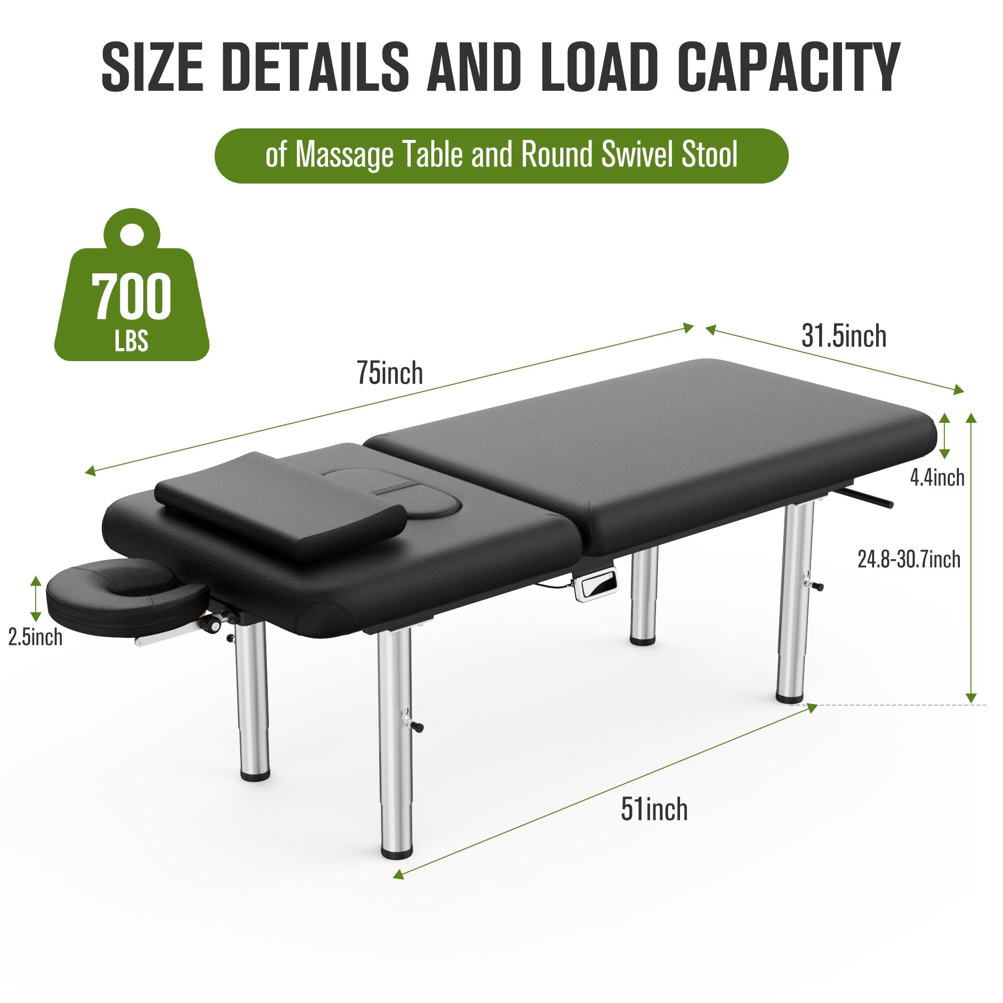 31.5 Wide Stationary Massage Table with Face Pillow and Stainless Steel Adjustable Legs, Adjustable Backrest for Treatment, Physical Therapy, Spa Facial Professional Heavy Duty Massage Bed - Black,White