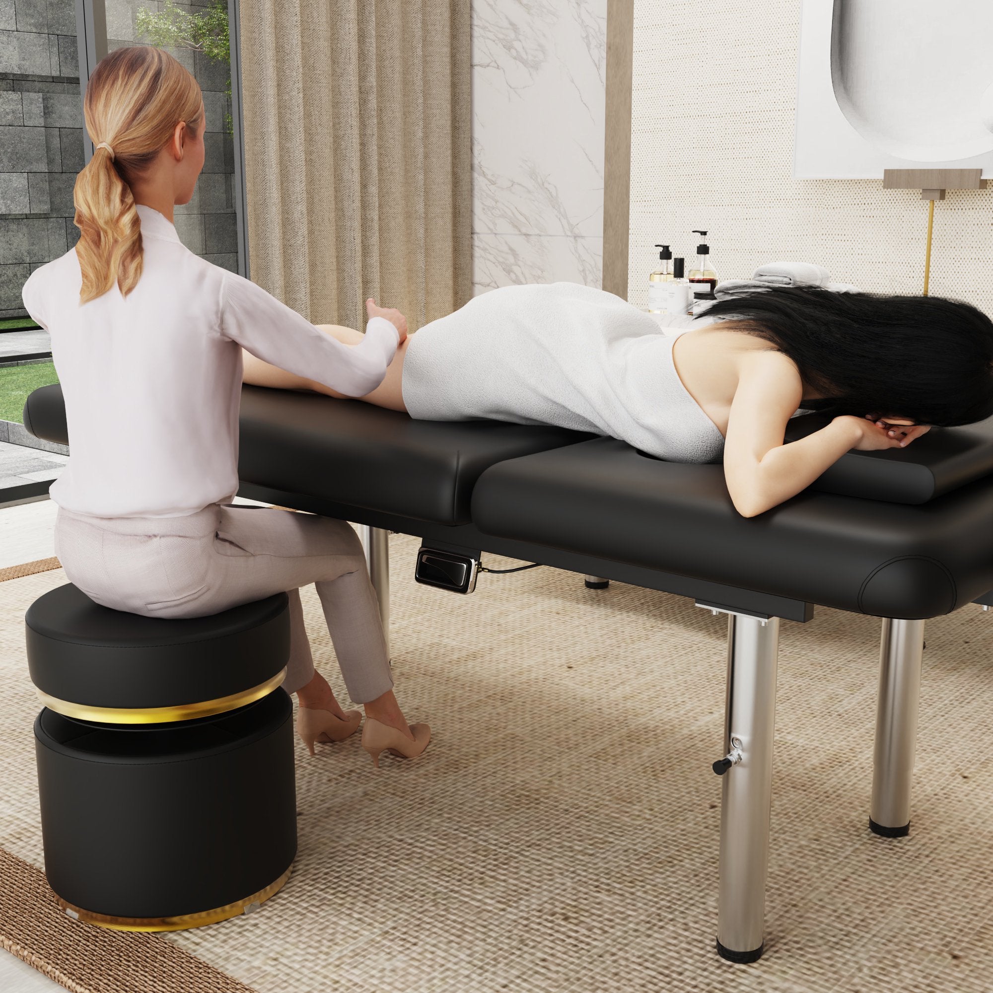 31.5 Wide Stationary Massage Table with Face Pillow and Stainless Steel Adjustable Legs, Adjustable Backrest for Treatment, Physical Therapy, Spa Facial Professional Heavy Duty Massage Bed - Black,White