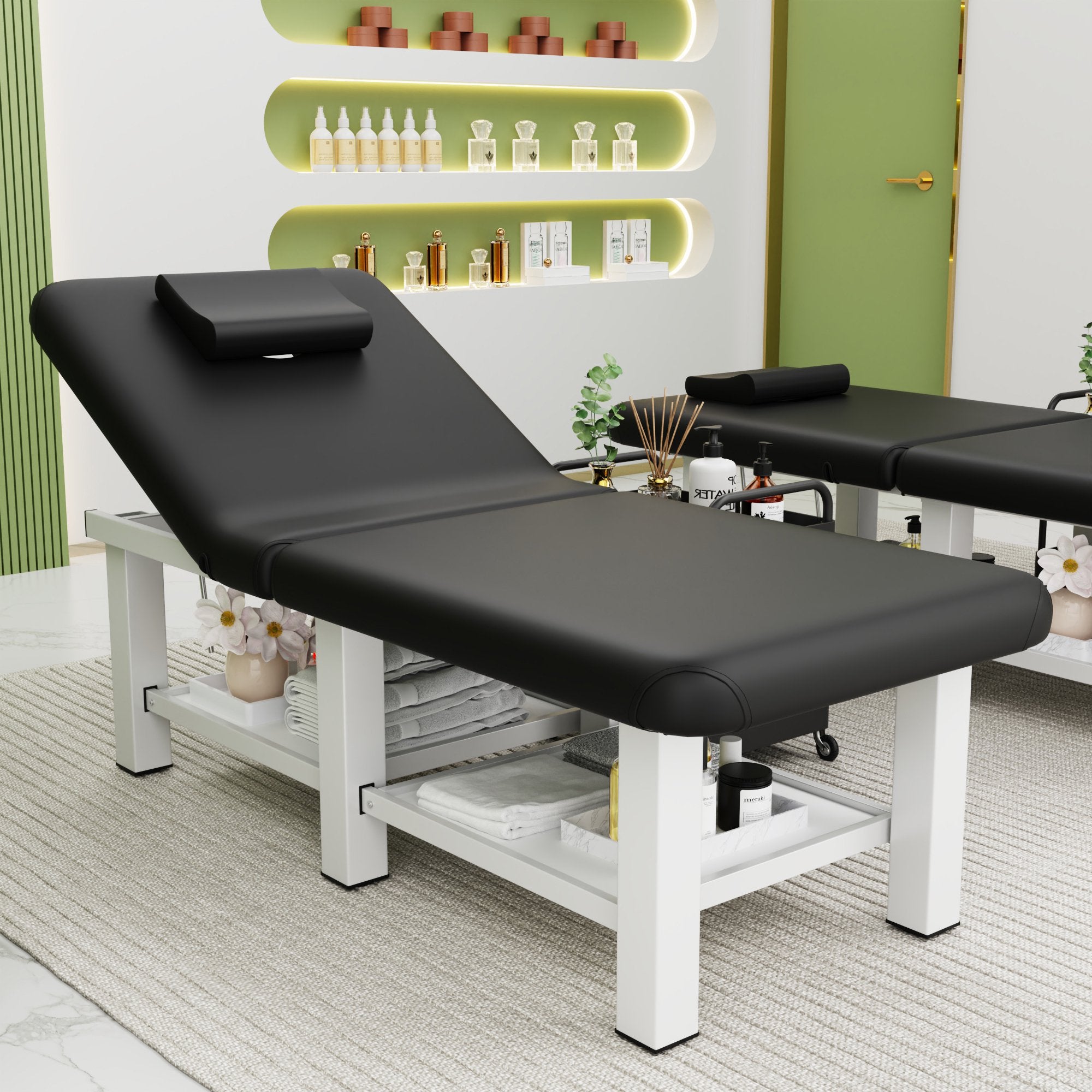 Stationary Massage Table Folding Bed with Backrest for Treatment Table Physical Therapy Table Spa Facial Bed, Metal Frame PU Leather, 30.5'' Wide × 75'' Long