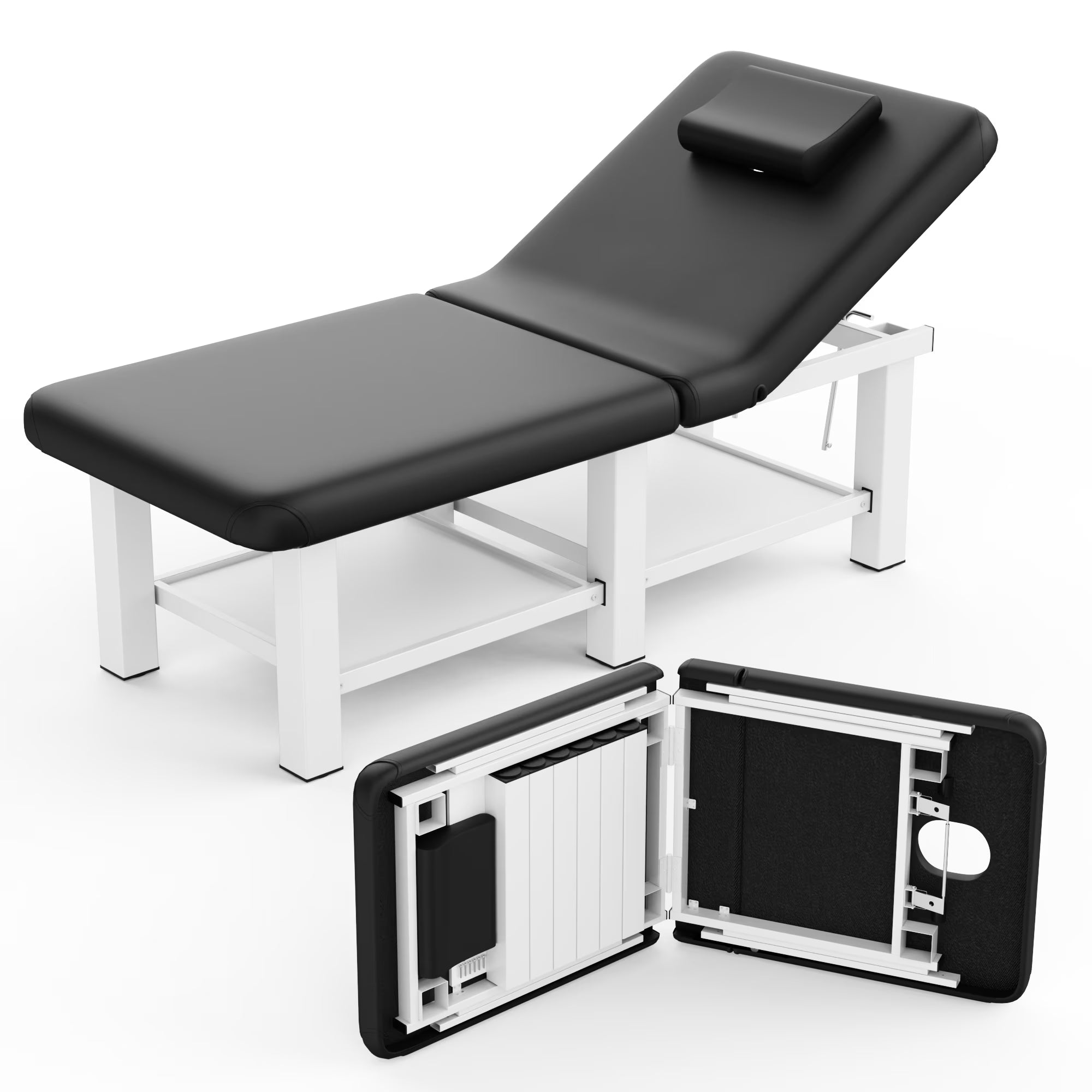 Stationary Massage Table Folding Bed with Backrest for Treatment Table Physical Therapy Table Spa Facial Bed, Metal Frame PU Leather, 30.5'' Wide × 75'' Long