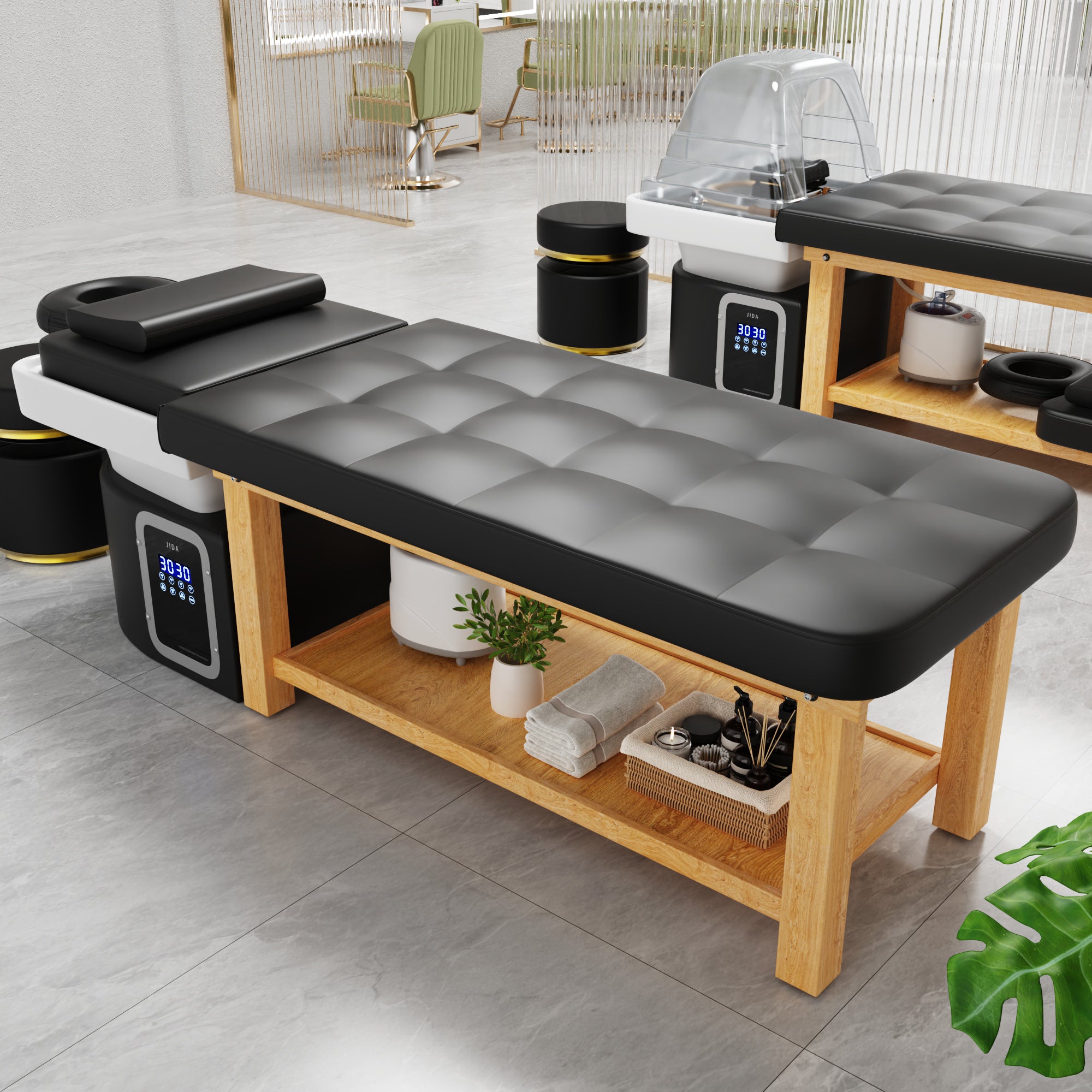 Stationary Head Spa Massage Table with Water Cycle & Fumigation Salon Equipment for Beauty Head Spa Physical Therapy Massage, Wood Frame, Black PU Leather