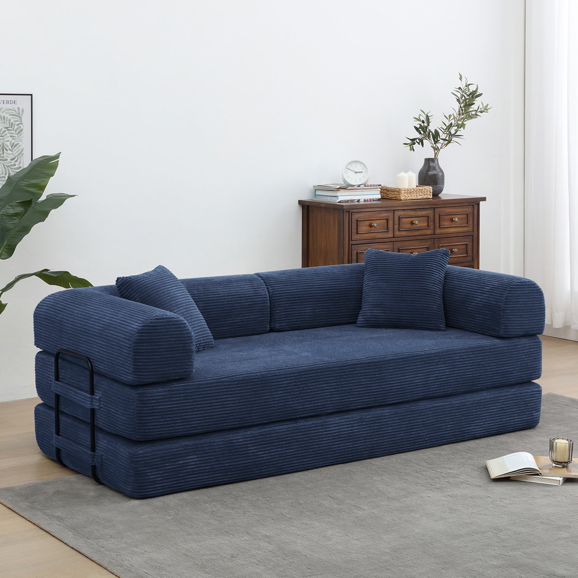 78" Convertible Sleeper Sofa Bed, Compression Folding Sofa with Pillow & 3 Seat, Corduroy Folding Sofa Couch with Fixed-Shape Frame, Floor Sofas Lounge Couch for Living Room Bedroom