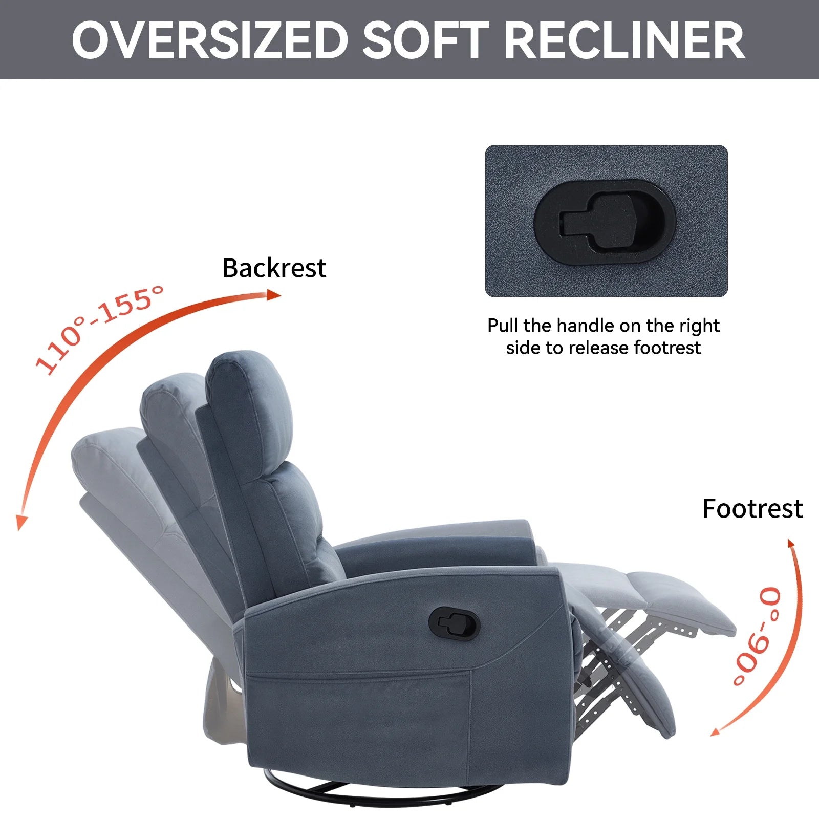 360° Swivel Rocker Recliner for Adults, Small Rocking Recliner for Small Spaces, Nursery Glider Recliner, Rocking Chair , Manual Recliner Chair for Living Room, Bedroom (Fabric, Blue Gray,Dark Grey,Grey)