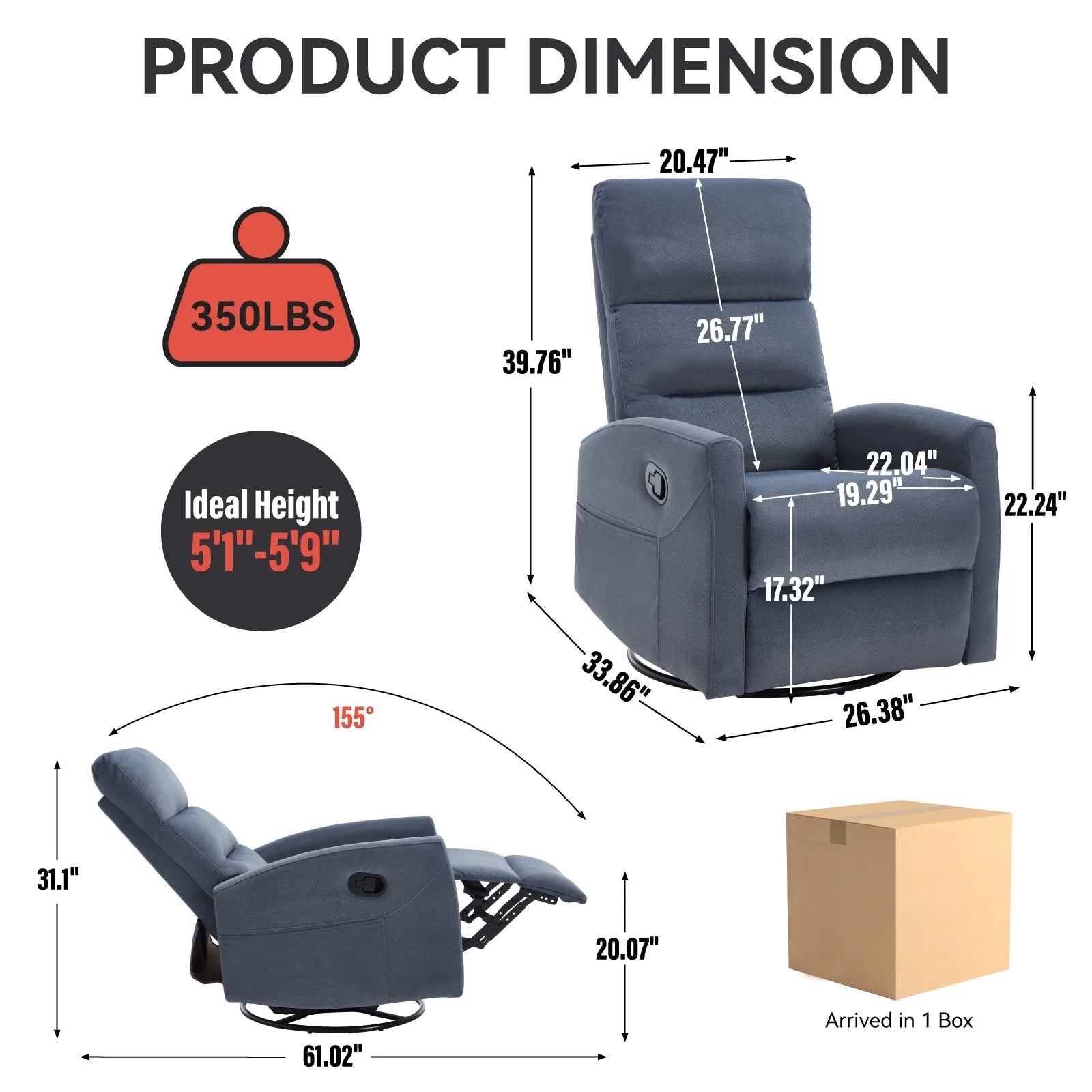360° Swivel Rocker Recliner for Adults, Small Rocking Recliner for Small Spaces, Nursery Glider Recliner, Rocking Chair , Manual Recliner Chair for Living Room, Bedroom (Fabric, Blue Gray,Dark Grey,Grey)
