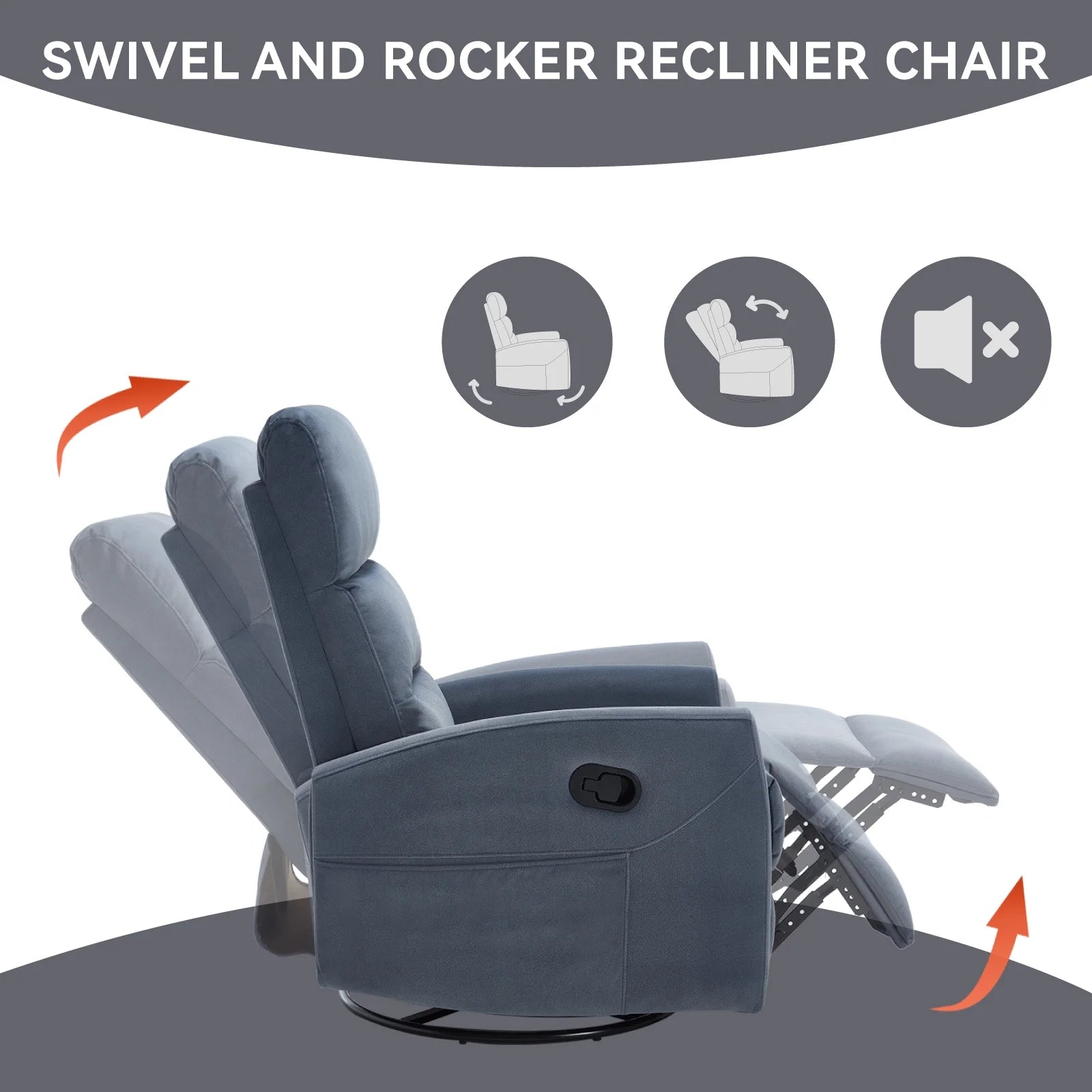 360° Swivel Rocker Recliner for Adults, Small Rocking Recliner for Small Spaces, Nursery Glider Recliner, Rocking Chair , Manual Recliner Chair for Living Room, Bedroom (Fabric, Blue Gray,Dark Grey,Grey)