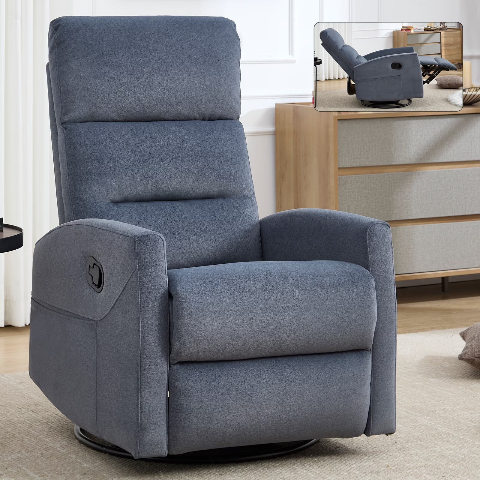 360° Swivel Rocker Recliner for Adults, Small Rocking Recliner for Small Spaces, Nursery Glider Recliner, Rocking Chair , Manual Recliner Chair for Living Room, Bedroom (Fabric, Blue Gray,Dark Grey,Grey)