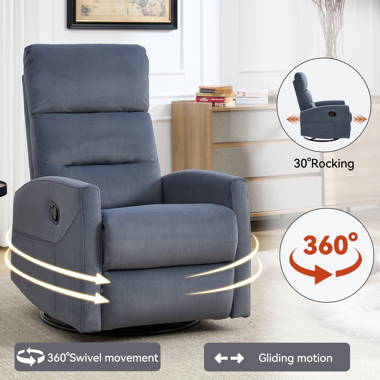 360° Swivel Rocker Recliner for Adults, Small Rocking Recliner for Small Spaces, Nursery Glider Recliner, Rocking Chair , Manual Recliner Chair for Living Room, Bedroom (Fabric, Blue Gray,Dark Grey,Grey)