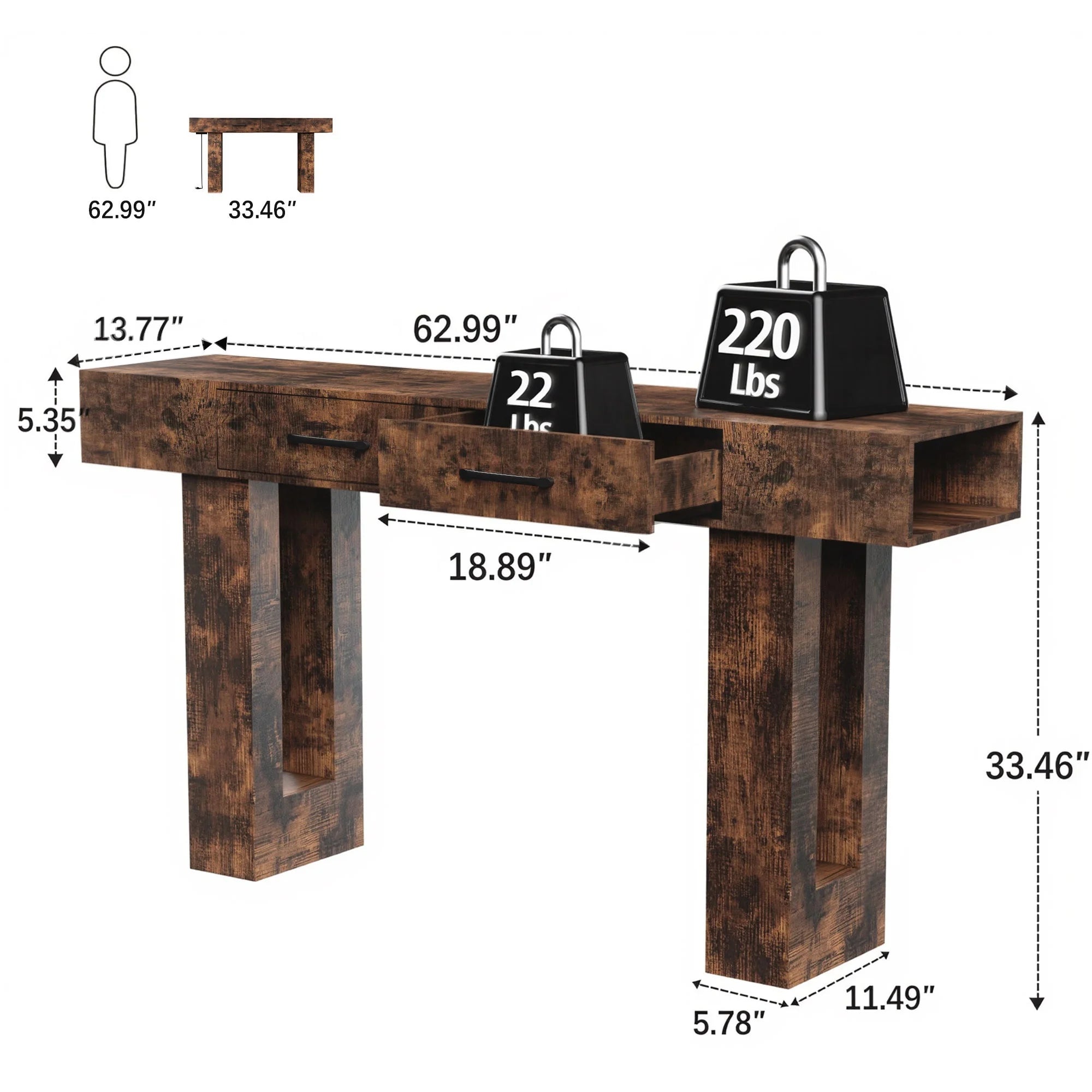 63 Inch Long Console Table with Charging Station & 2 Drawers, Holaki Modern Wood Sofa Table Behind Couch, Hallway Accent Table for Entryway, Console Table for Entryway Hallway Living Room