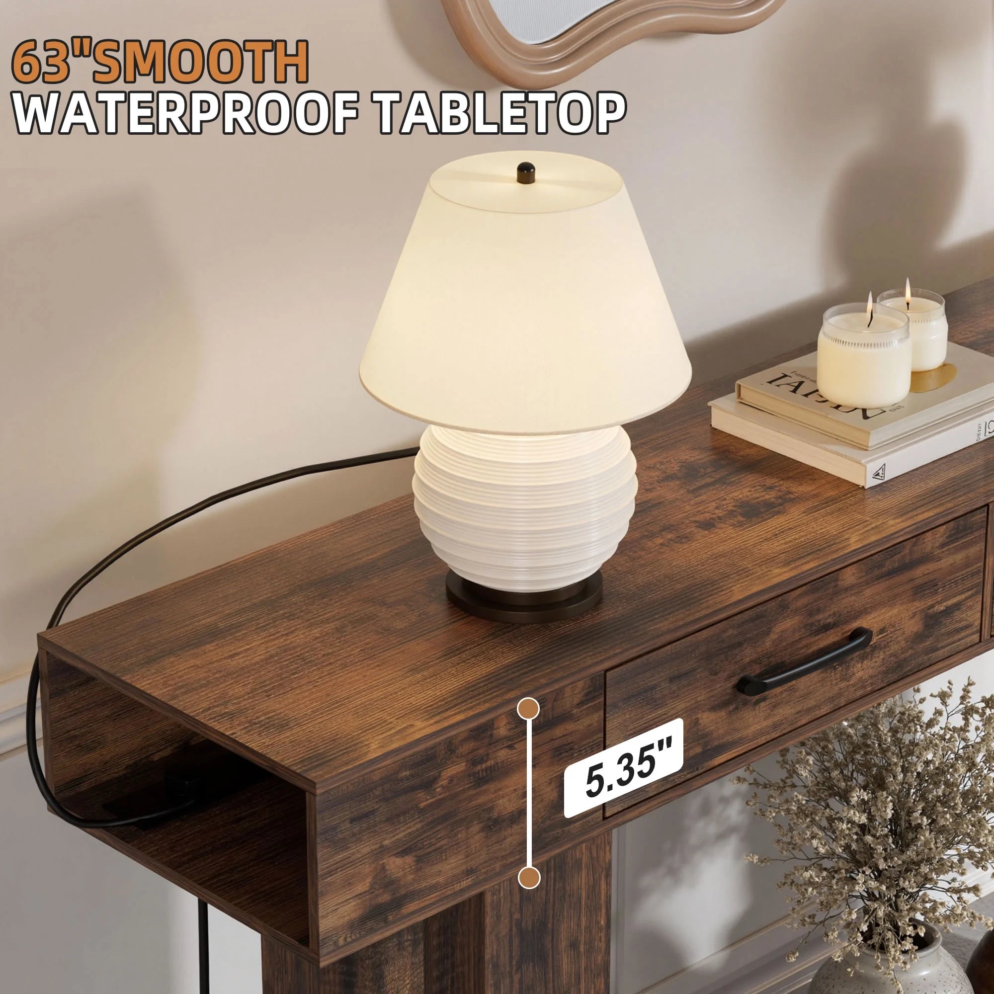 63 Inch Long Console Table with Charging Station & 2 Drawers, Holaki Modern Wood Sofa Table Behind Couch, Hallway Accent Table for Entryway, Console Table for Entryway Hallway Living Room