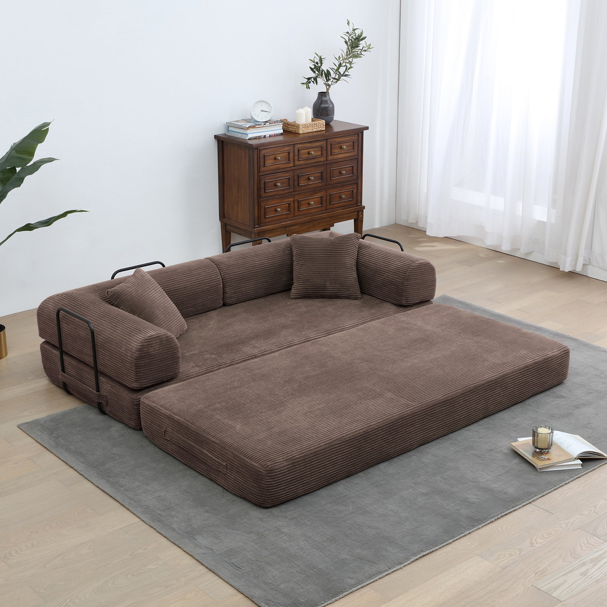 78" Convertible Sleeper Sofa Bed, Compression Folding Sofa with Pillow & 3 Seat, Corduroy Folding Sofa Couch with Fixed-Shape Frame, Floor Sofas Lounge Couch for Living Room Bedroom