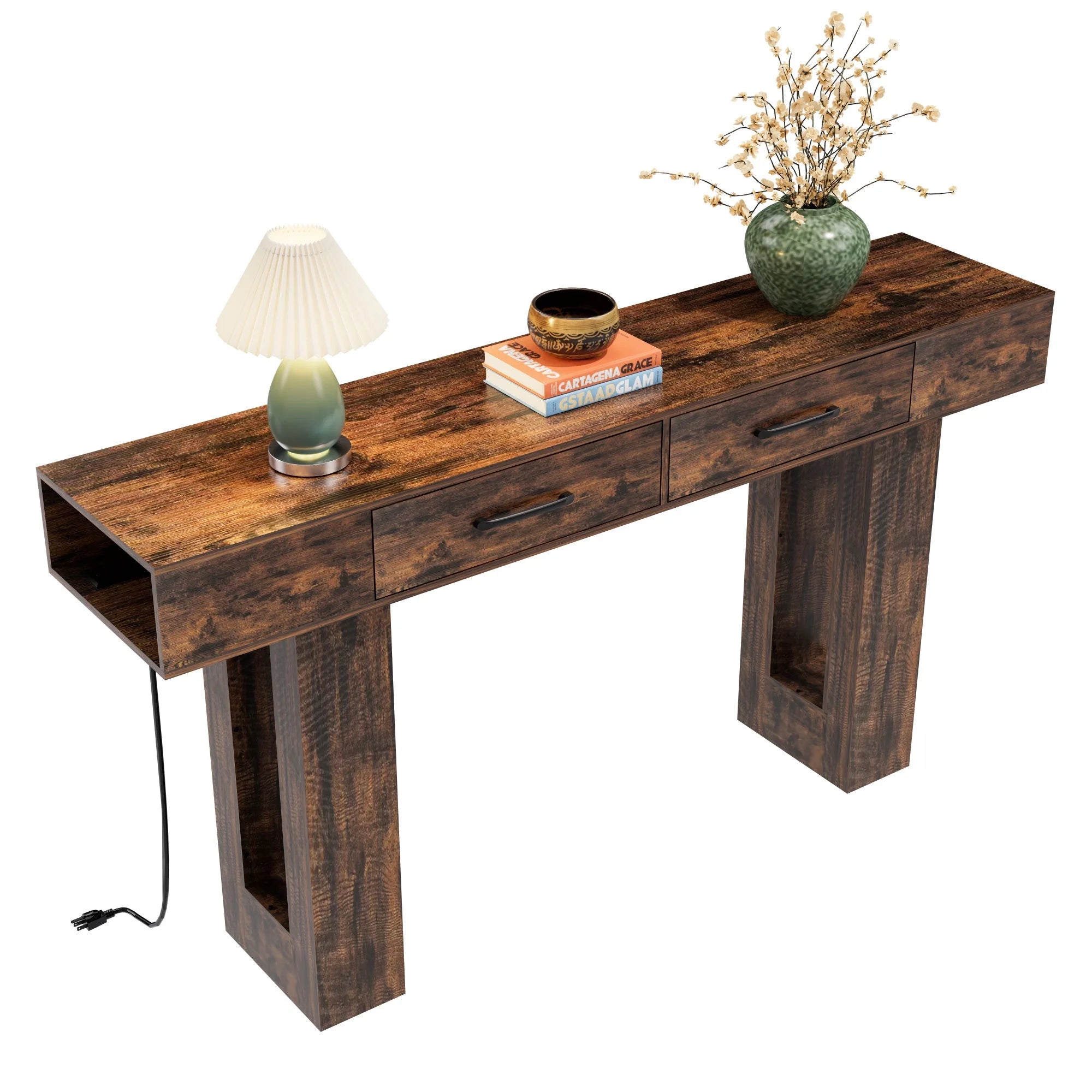 63 Inch Long Console Table with Charging Station & 2 Drawers, Holaki Modern Wood Sofa Table Behind Couch, Hallway Accent Table for Entryway, Console Table for Entryway Hallway Living Room