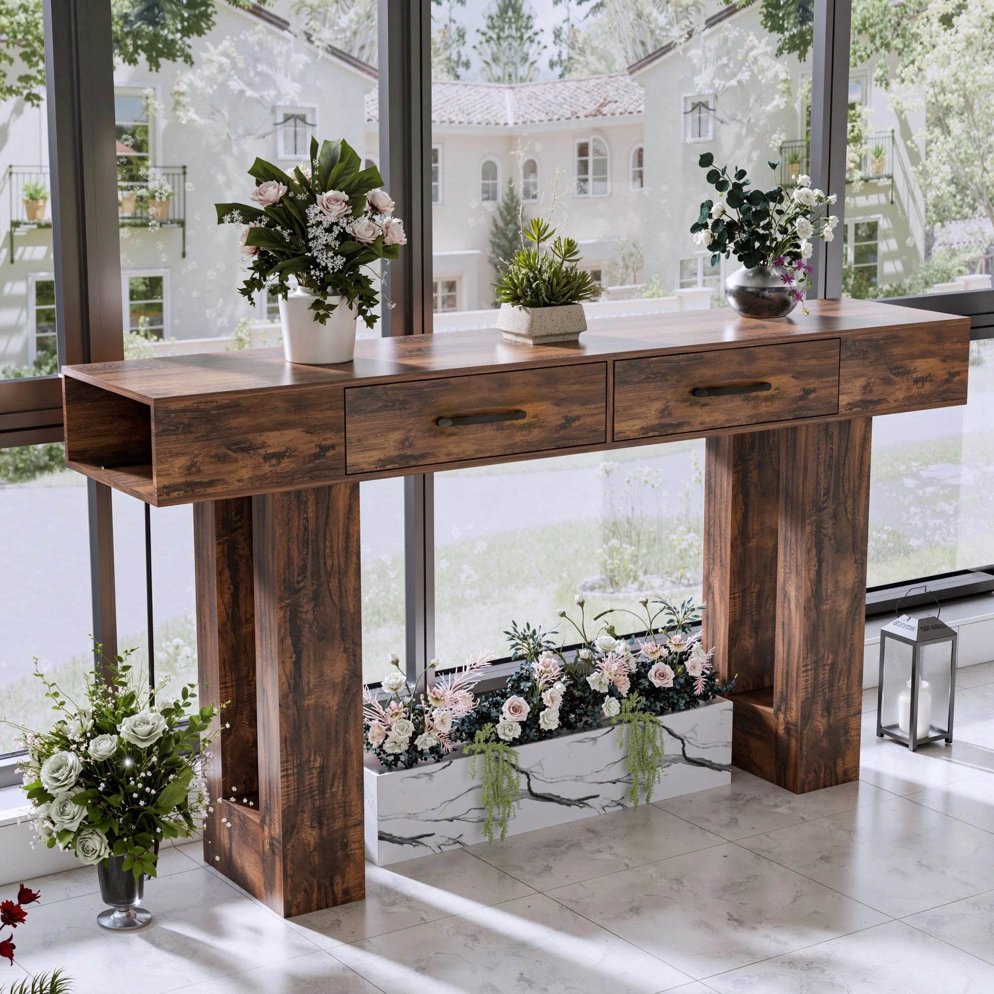 63 Inch Long Console Table with Charging Station & 2 Drawers, Holaki Modern Wood Sofa Table Behind Couch, Hallway Accent Table for Entryway, Console Table for Entryway Hallway Living Room