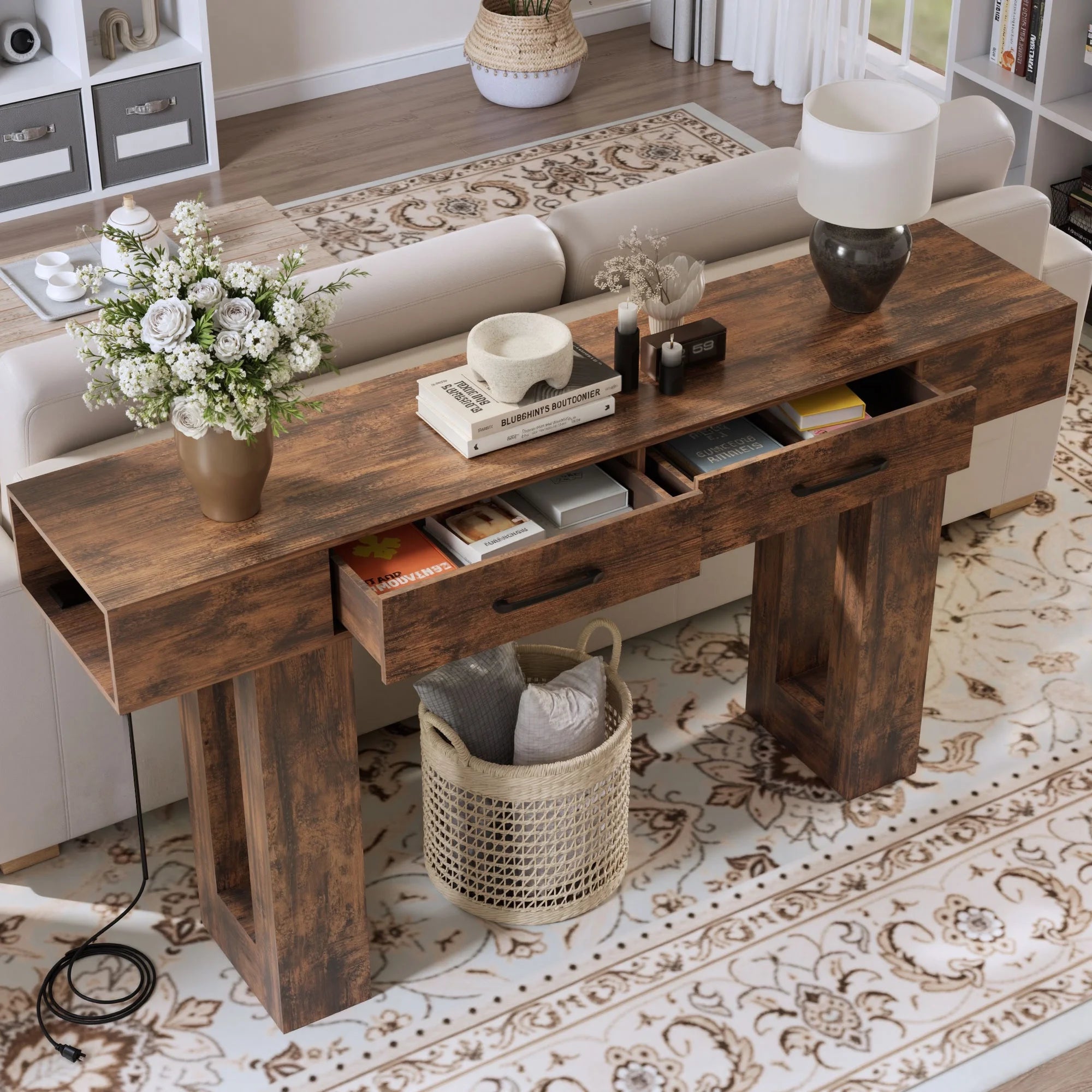63 Inch Long Console Table with Charging Station & 2 Drawers, Holaki Modern Wood Sofa Table Behind Couch, Hallway Accent Table for Entryway, Console Table for Entryway Hallway Living Room