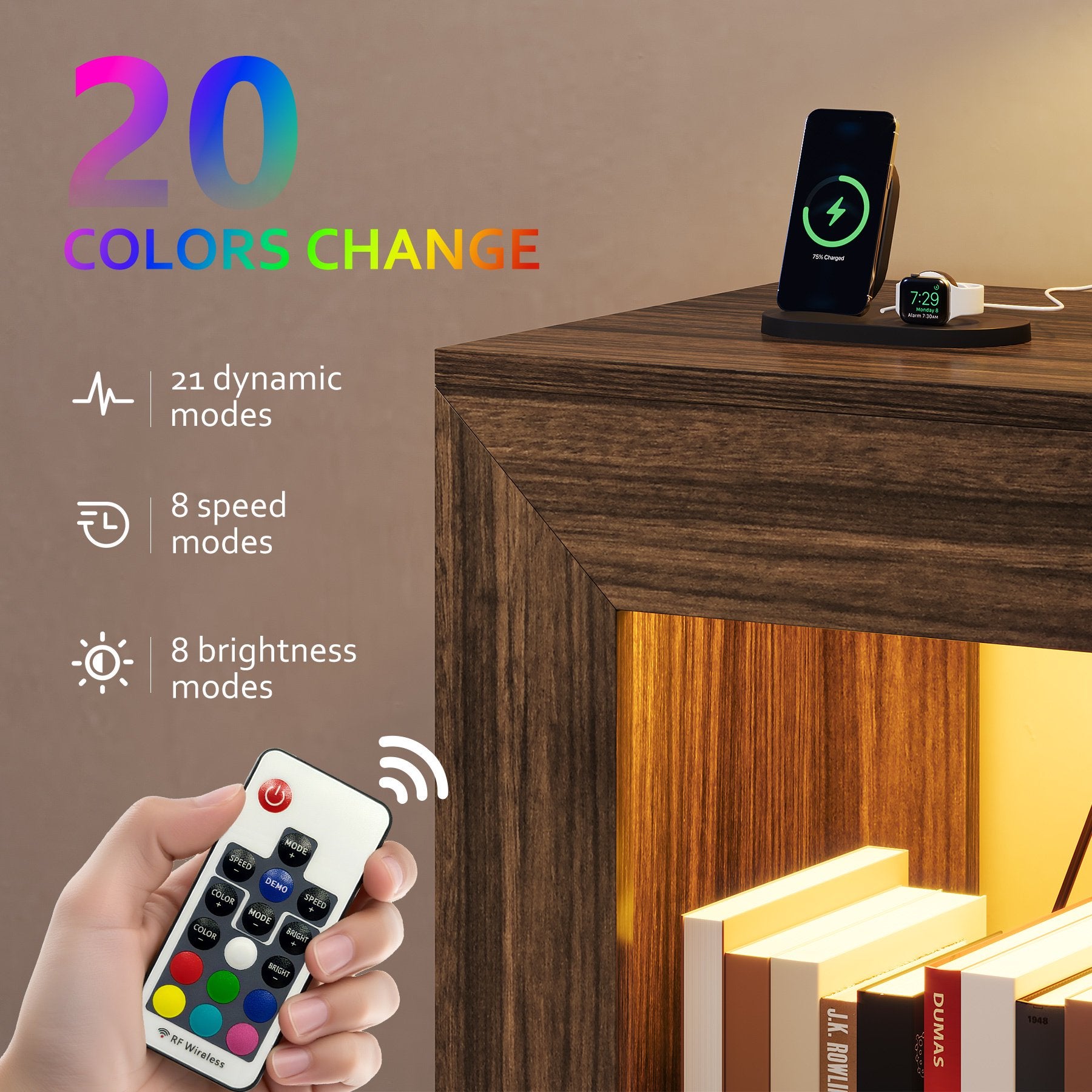 24" Nightstand for Bedroom, Rustic Nightstand with USB Ports & Storage Shelf, Farmhouse End Table with Charging Station and LED Lights, Small Side Table for Living Room