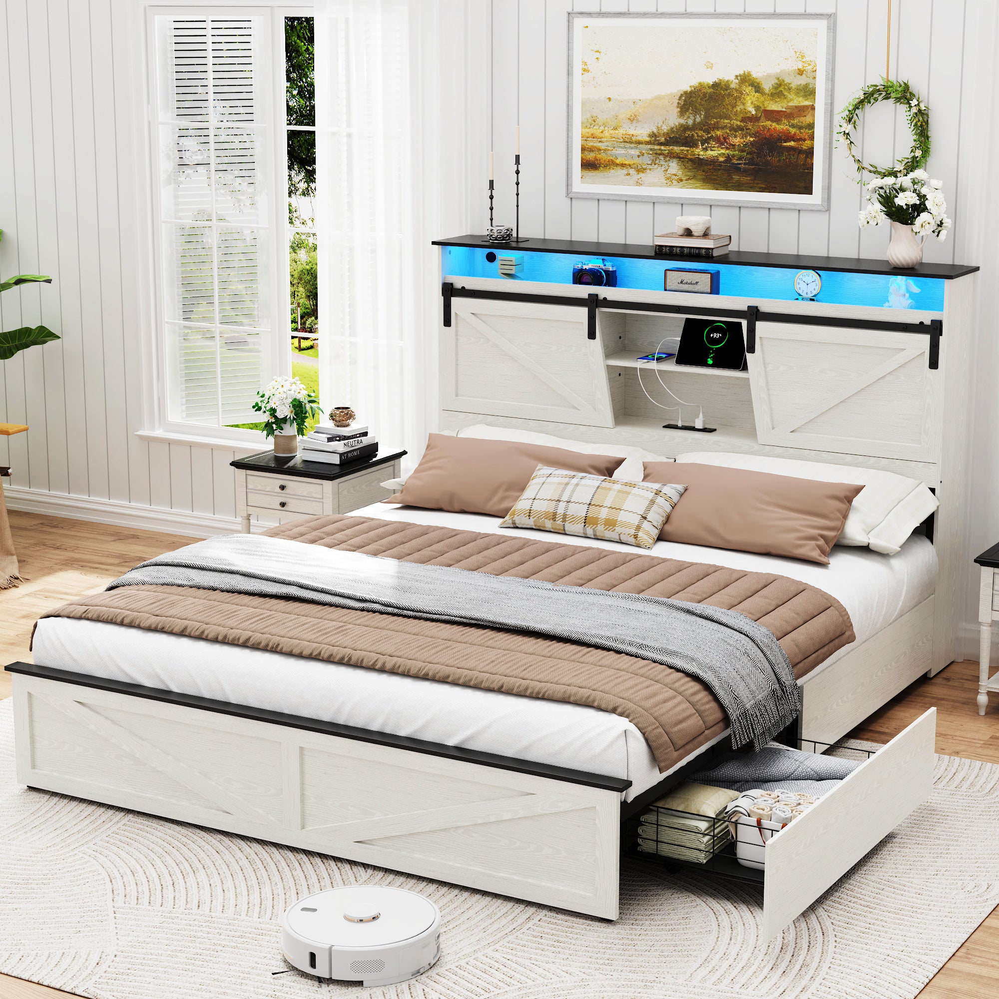 Holaki Farmhouse Queen Size Bed Frame with Storage Headboard, 2 Drawers, Charging Station & RGB LED Lights, Wood Platform Bed with Shelves & Hidden Storage, No Box Spring Required, Dark Brown