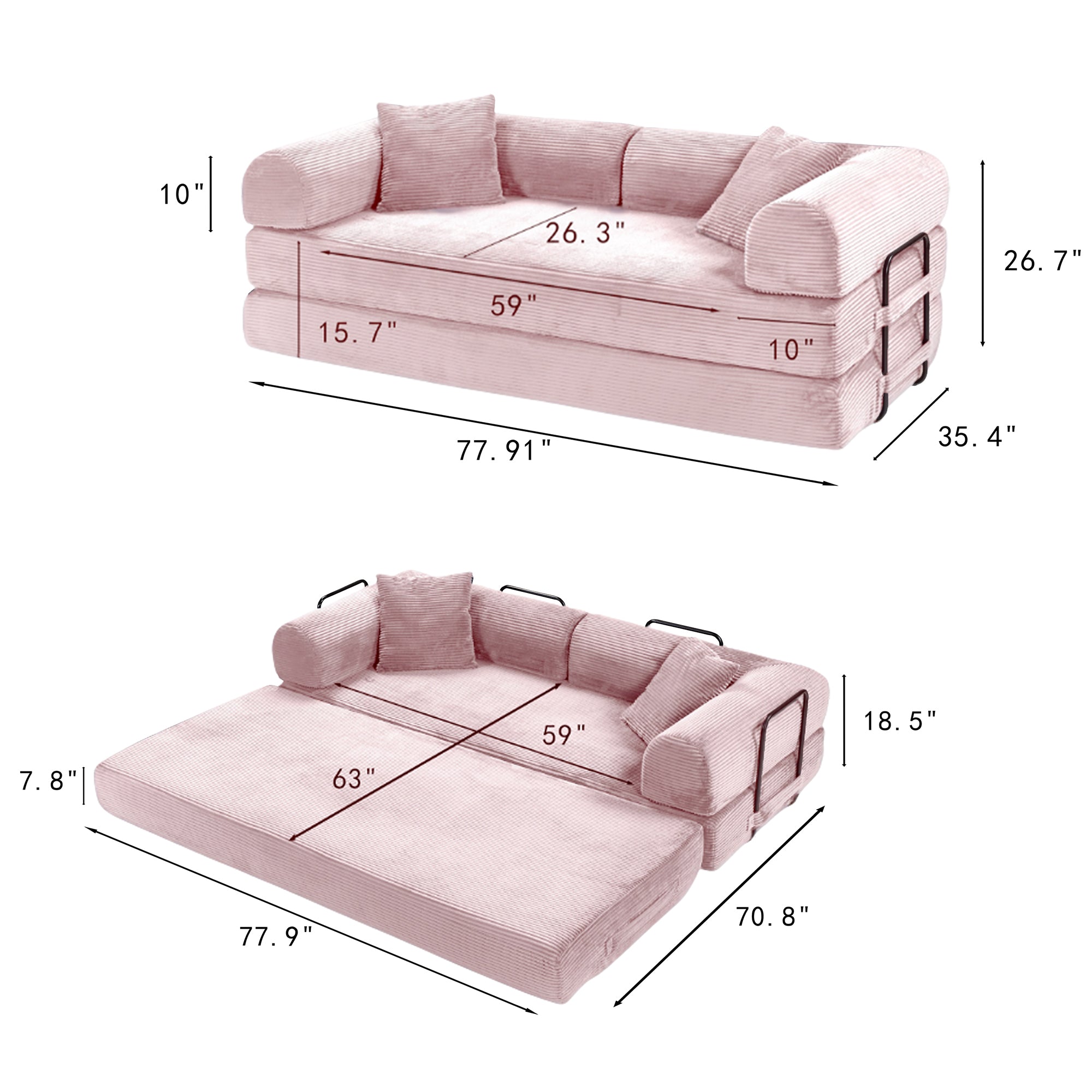 78" Convertible Sleeper Sofa Bed, Compression Folding Sofa with Pillow & 3 Seat, Corduroy Folding Sofa Couch with Fixed-Shape Frame, Floor Sofas Lounge Couch for Living Room Bedroom