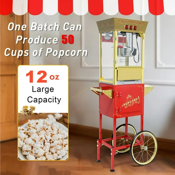 12OZ Popcorn Machine with Cart, Holaki Movie Theater Popcorn Maker Machine with Stainless Steel Kettle, Tempered Glass, 8" Shelf, Popcorn Machine for Kids Party Home, Black