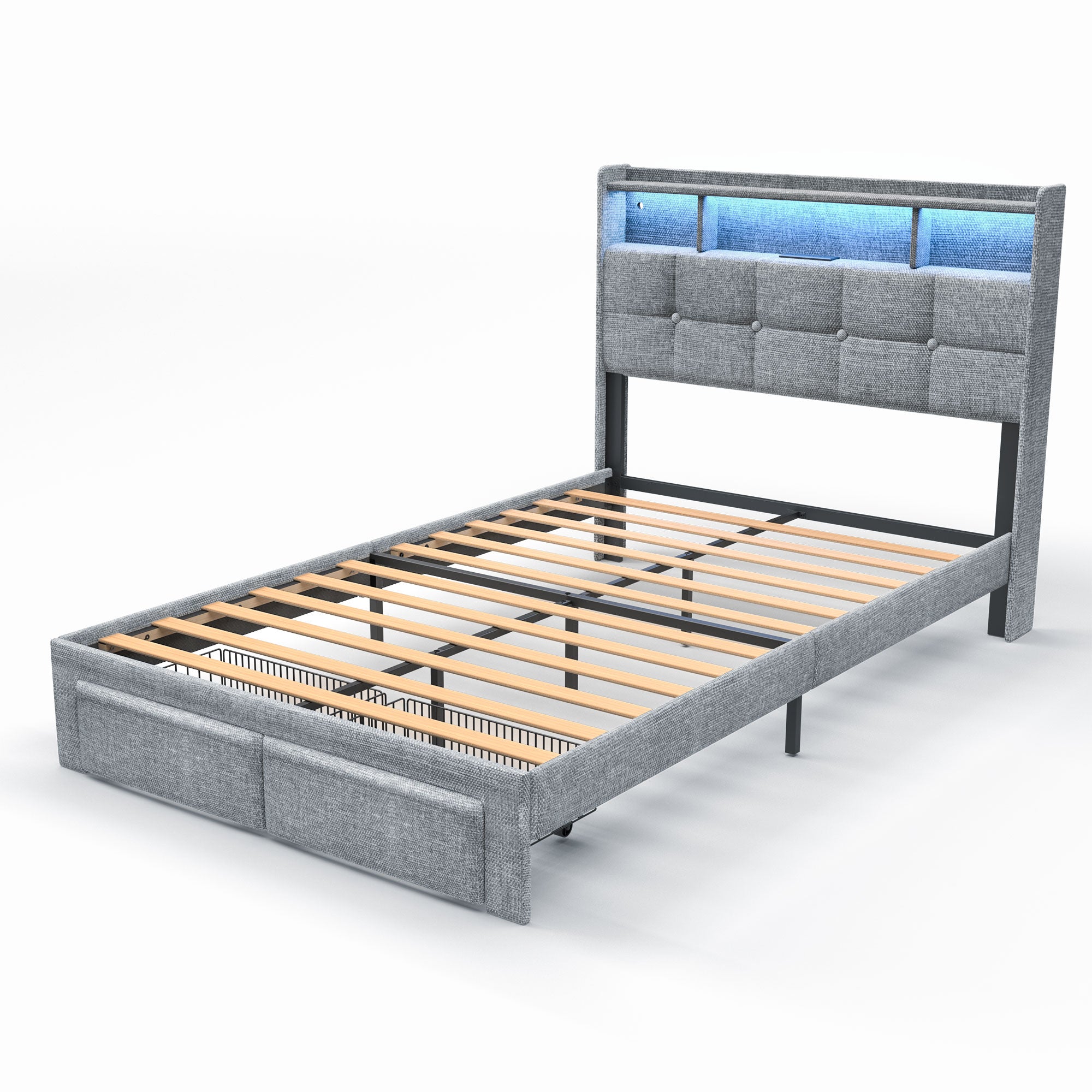 Full Bed Frame with Upholstered Headboard, Holaki Heavy Duty Metal Platform Bed Frame Full Size with 2 Storage Drawers, Charging Station & LED Lights, No Box Spring Needed, Noise Free, Dark Gray