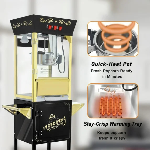 12OZ Popcorn Machine with Cart, Holaki Movie Theater Popcorn Maker Machine with Stainless Steel Kettle, Tempered Glass, 8" Shelf, Popcorn Machine for Kids Party Home, Black