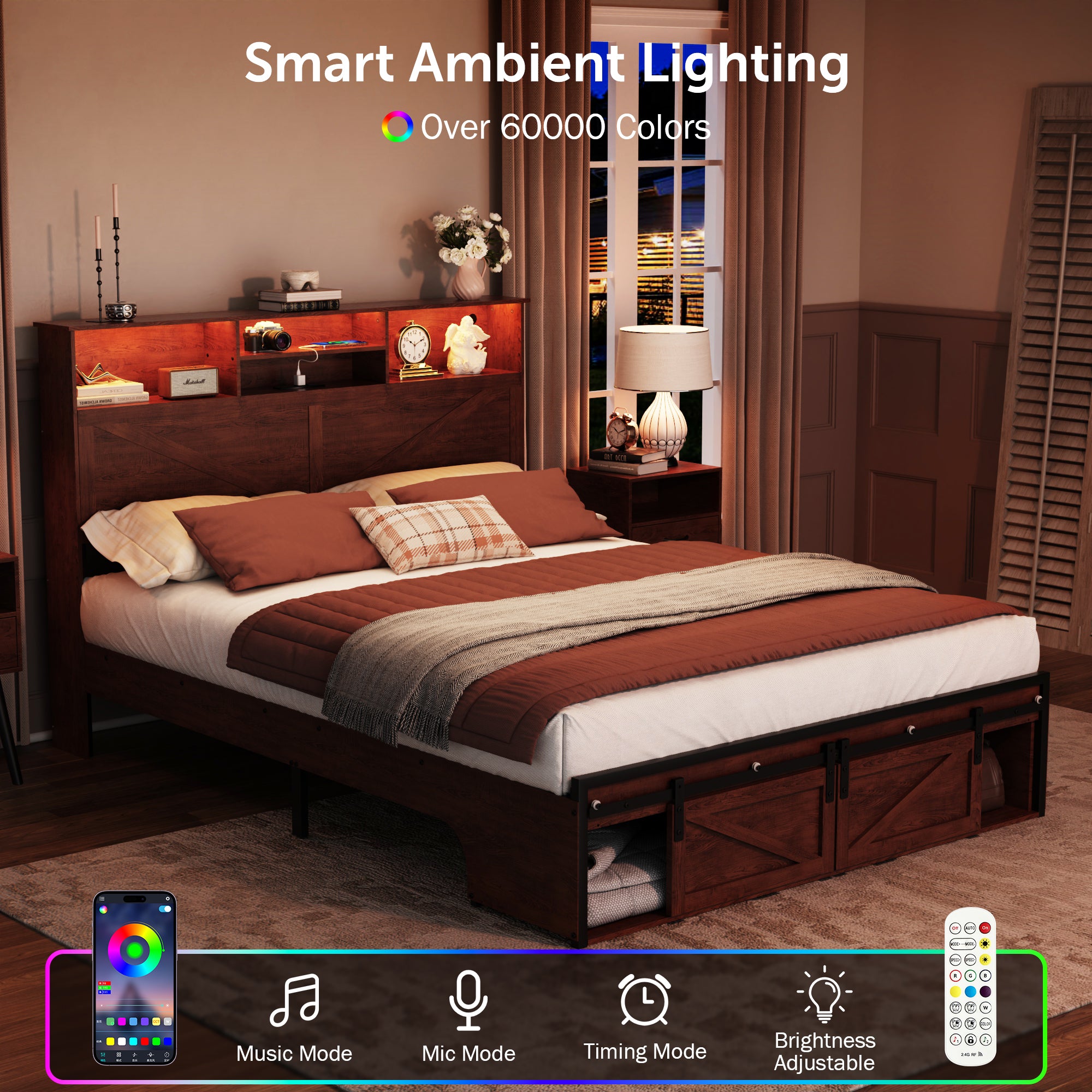 Holaki Farmhouse Queen Size Bed Frame with Storage Headboard, 2 Drawers, Charging Station & RGB LED Lights, Wood Platform Bed with Shelves & Hidden Storage, No Box Spring Required, Dark Brown