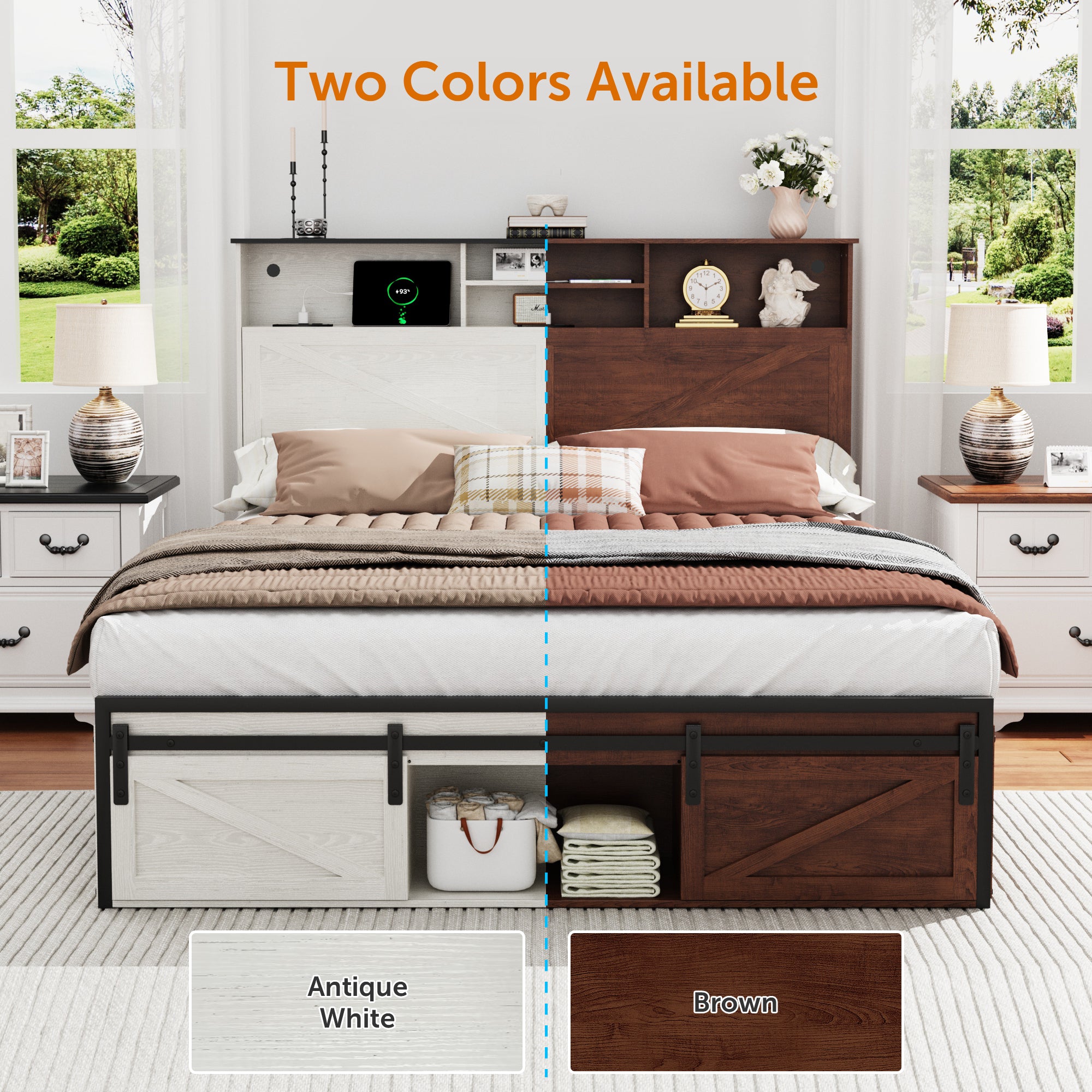 Queen Size Bed Frame, Holaki Farmhouse Queen Bed Frame with Storage Headboard, Charging Station & LED Lights, 2 Storage Drawers, No Box Spring Needed, Noise Free, Easy Assembly, White