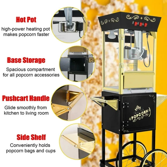 12OZ Popcorn Machine with Cart, Holaki Movie Theater Popcorn Maker Machine with Stainless Steel Kettle, Tempered Glass, 8" Shelf, Popcorn Machine for Kids Party Home, Black