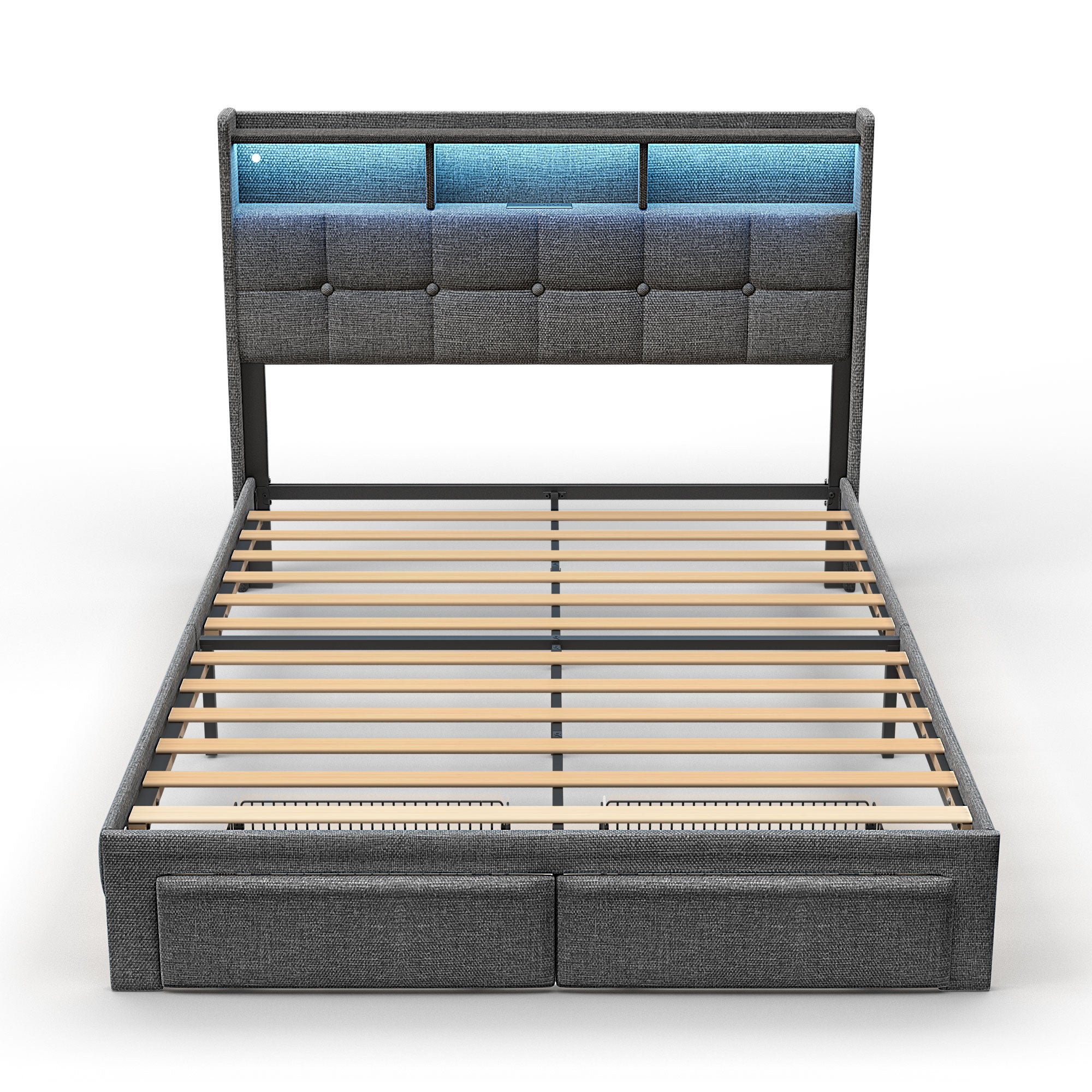 Full Bed Frame with Upholstered Headboard, Holaki Heavy Duty Metal Platform Bed Frame Full Size with 2 Storage Drawers, Charging Station & LED Lights, No Box Spring Needed, Noise Free, Dark Gray
